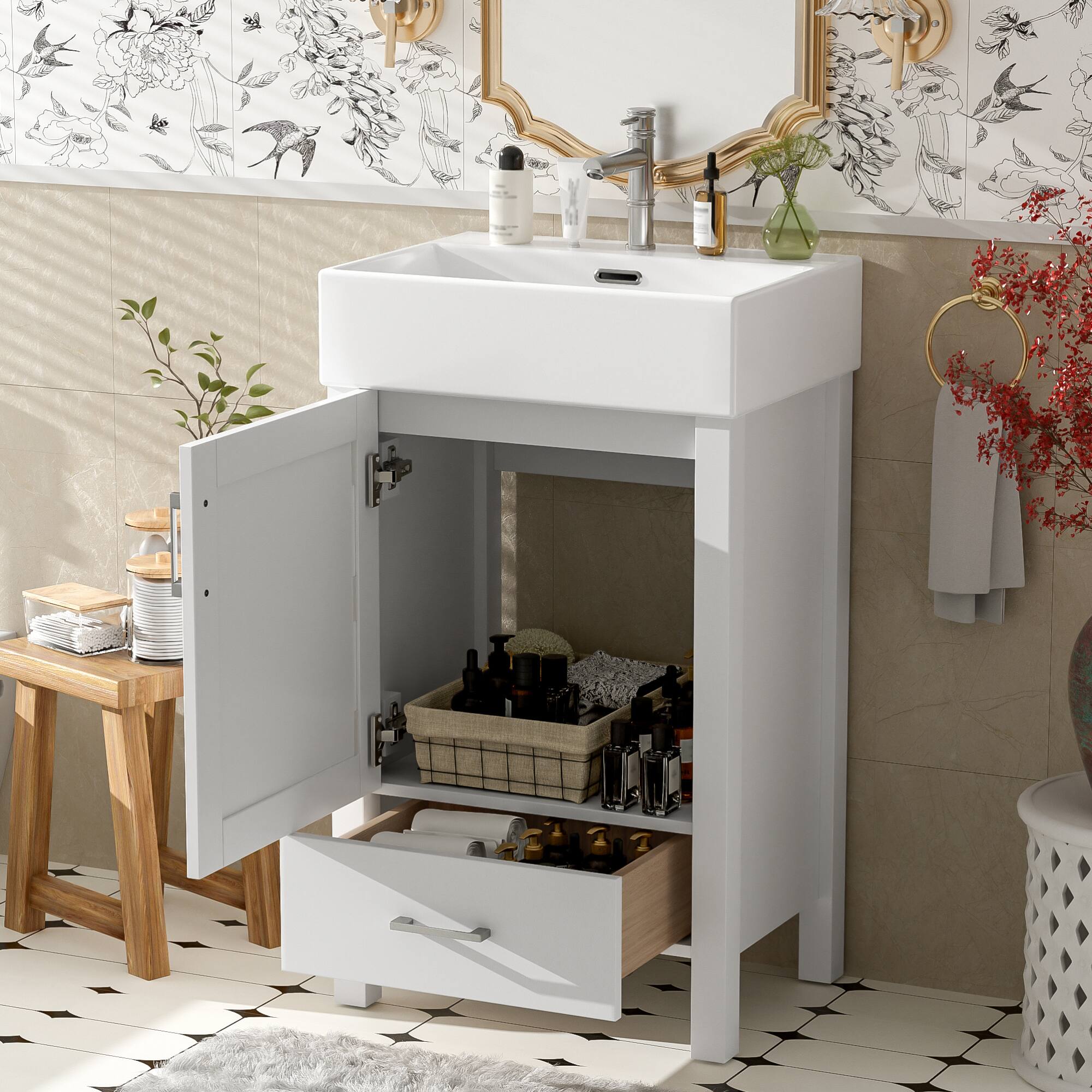 Front. ELEMENT ACE - Modern Compact Bathroom Vanity with Ceramic Sink and Solid Wood Frame for Small Bathrooms - White.