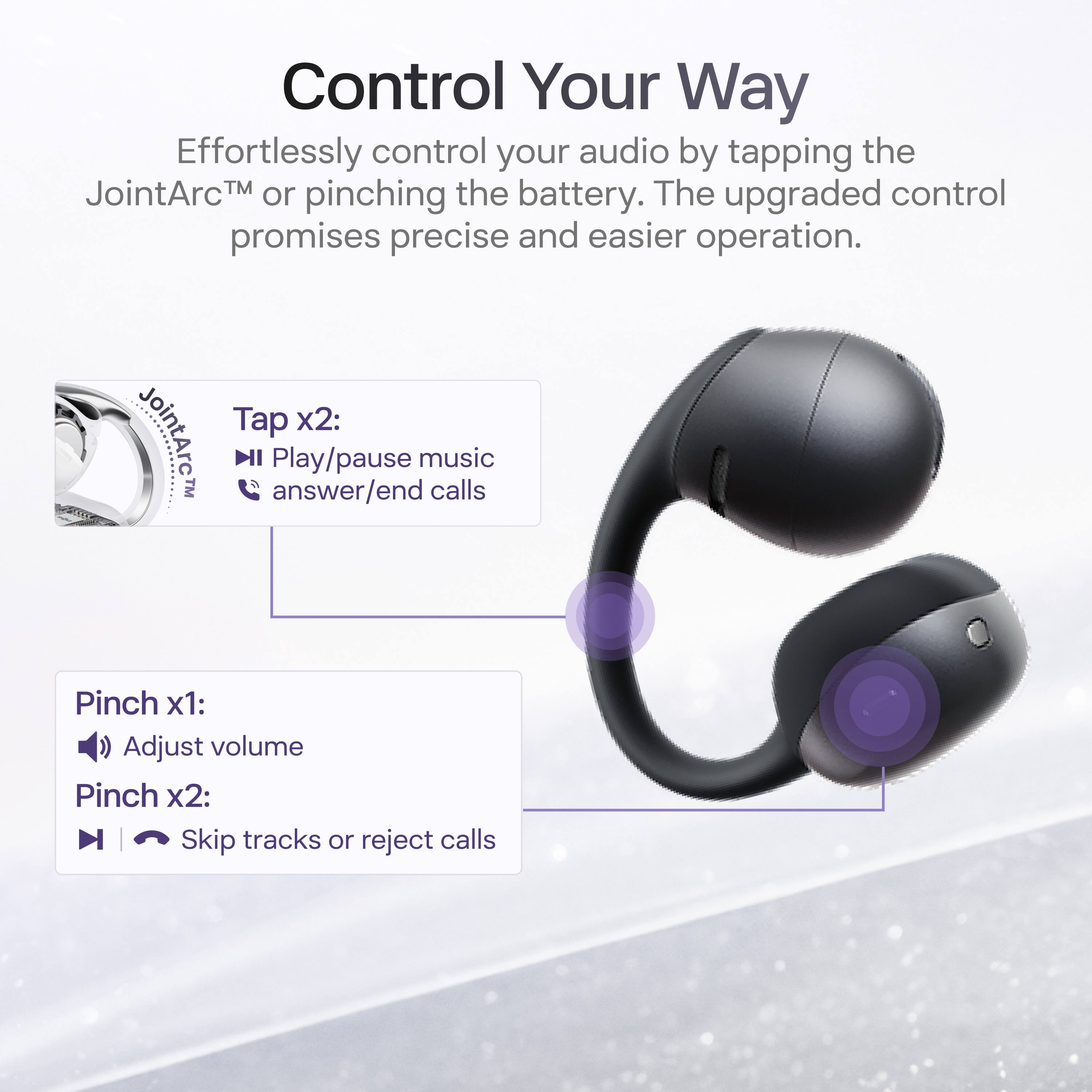 Control Your Way

Effortlessly control your audio by tapping the JointArc™ or pinching the battery. The upgraded control promises precise and easier operation.

Tap x2:
- Play/pause music
- Answer/end calls

Pinch x1:
- Adjust volume

Pinch x2:
- Skip tracks or reject calls