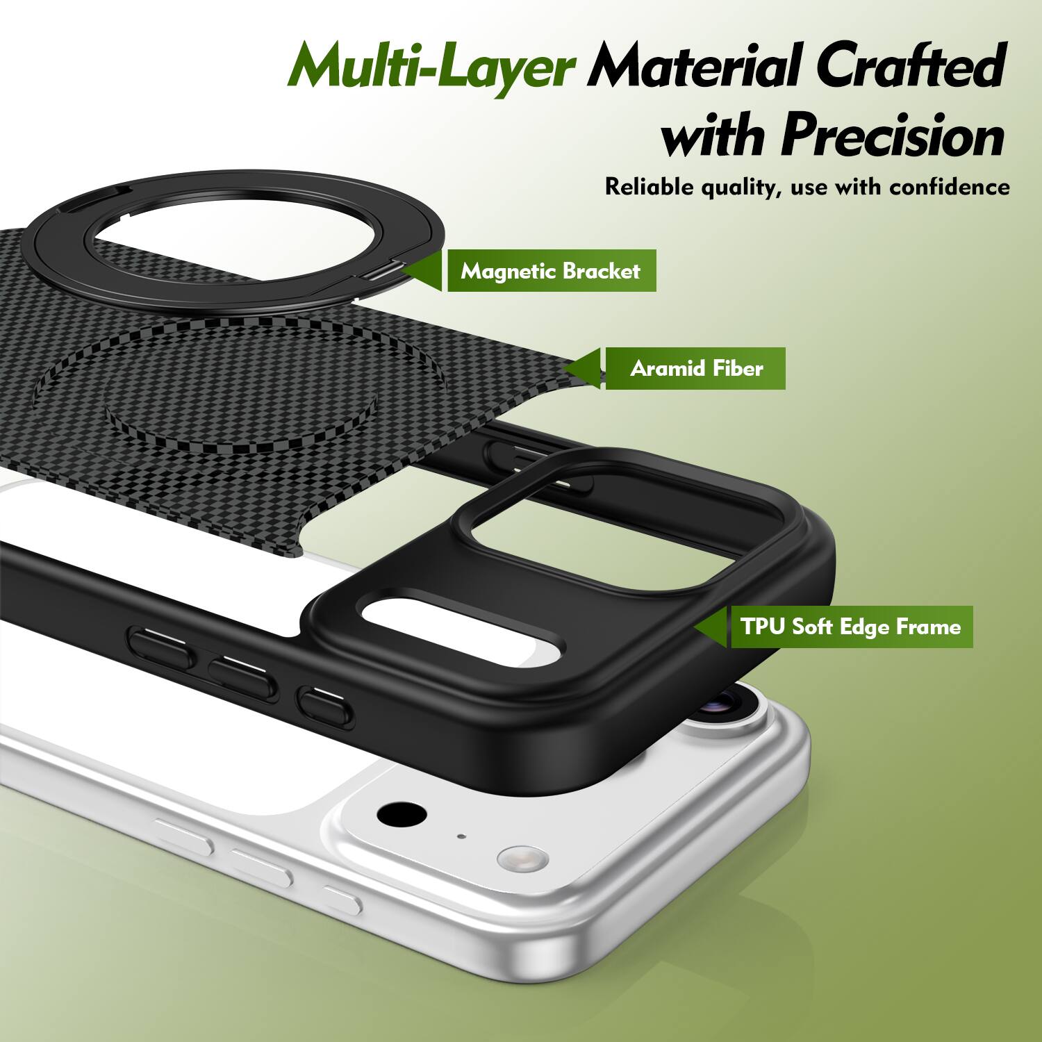 Multi-Layer Material Crafted with Precision  
Reliable quality, use with confidence  
Magnetic Bracket  
Aramid Fiber  
TPU Soft Edge Frame
