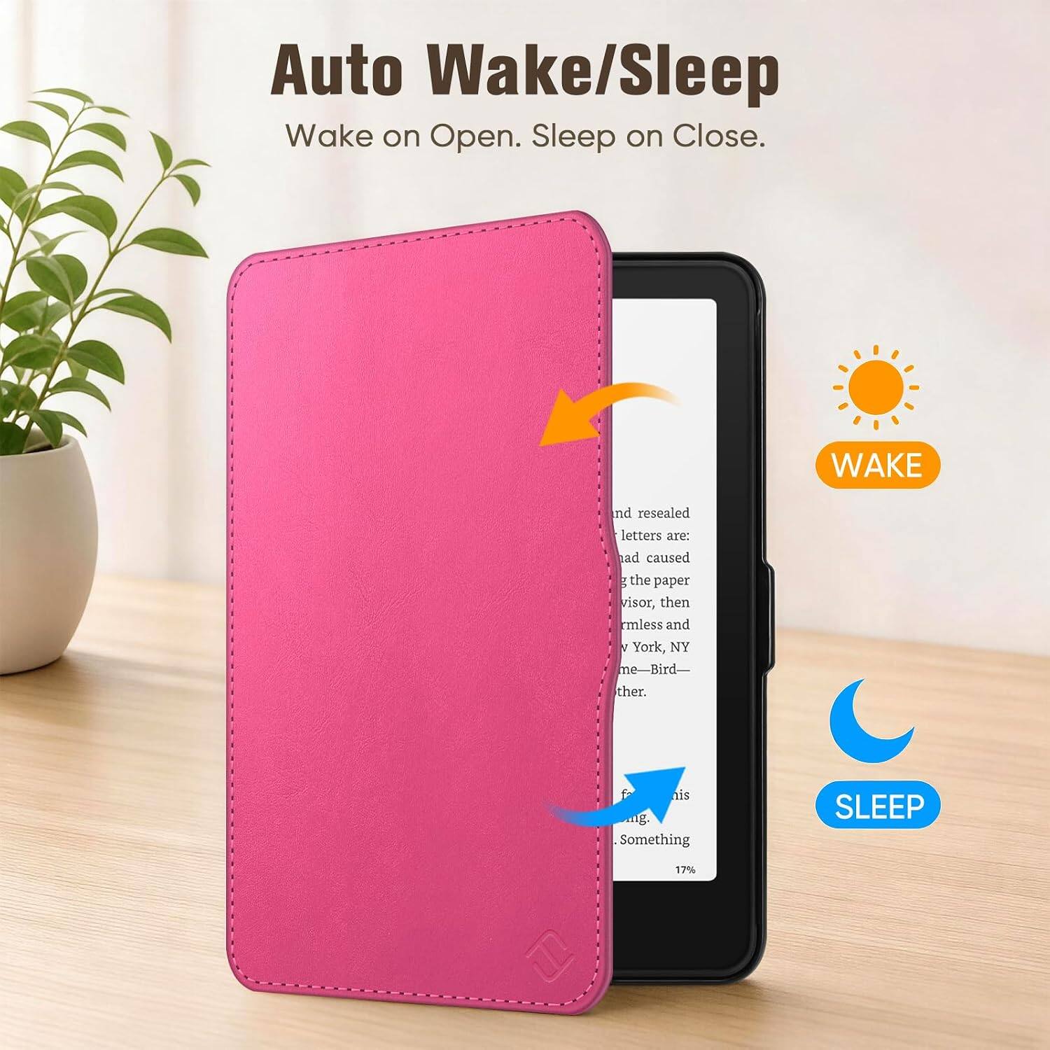 Auto Wake/Sleep  
Wake on Open. Sleep on Close.  

WAKE  

and resealed letters are: ad caused g the paper visor, then rmless and I York, NY me-Bird- ther.  
is mg. Something  

SLEEP  
17%
