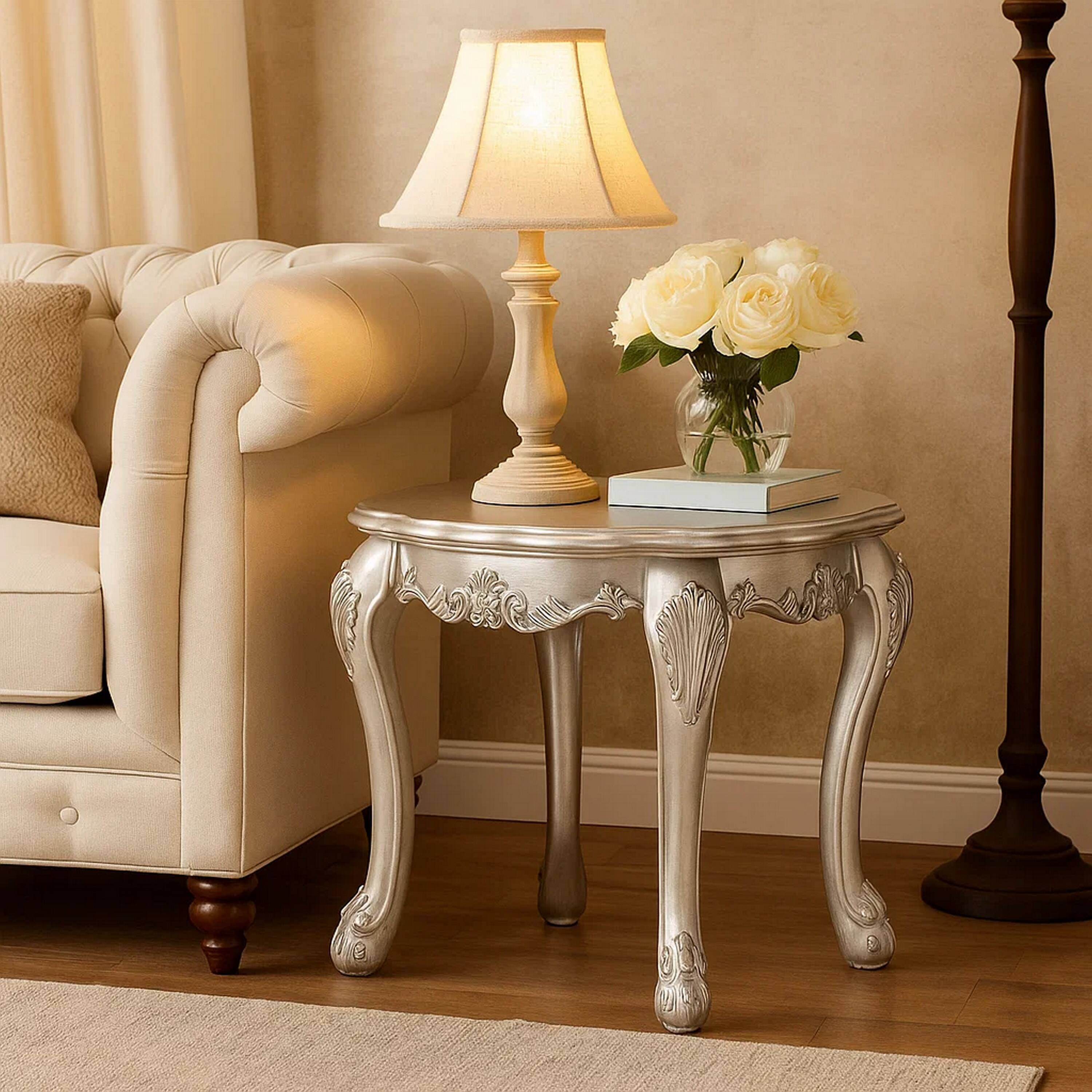 Alt View 5. Manhattan Lane - Ally 28 Inch Side End Table, Aspen Wood, Classic Scrollwork, Polyresin - White, Silver.