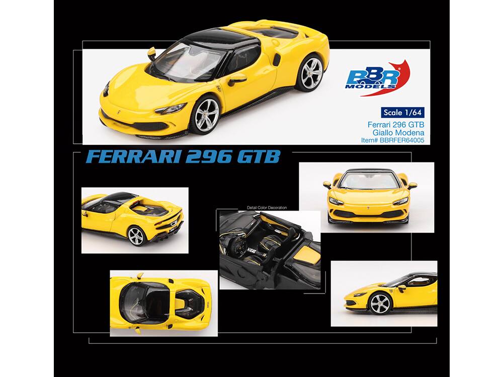 PBR MODELS  
FERRARI 296 GTB  
Scale 1/64  
Ferrari 296 GTB Giallo Modena  
Item# BBRFER64005  
Detail Color Decoration
