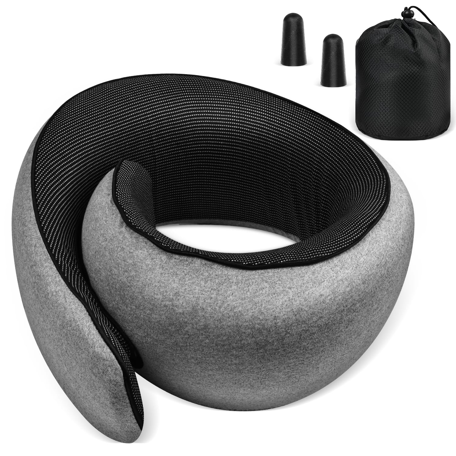Fosmon - Neck Pillow for Travel Pillow, Memory Foam Travel Neck Pillow, 360° Support Airplane Pillow with Washable Cover - Gray