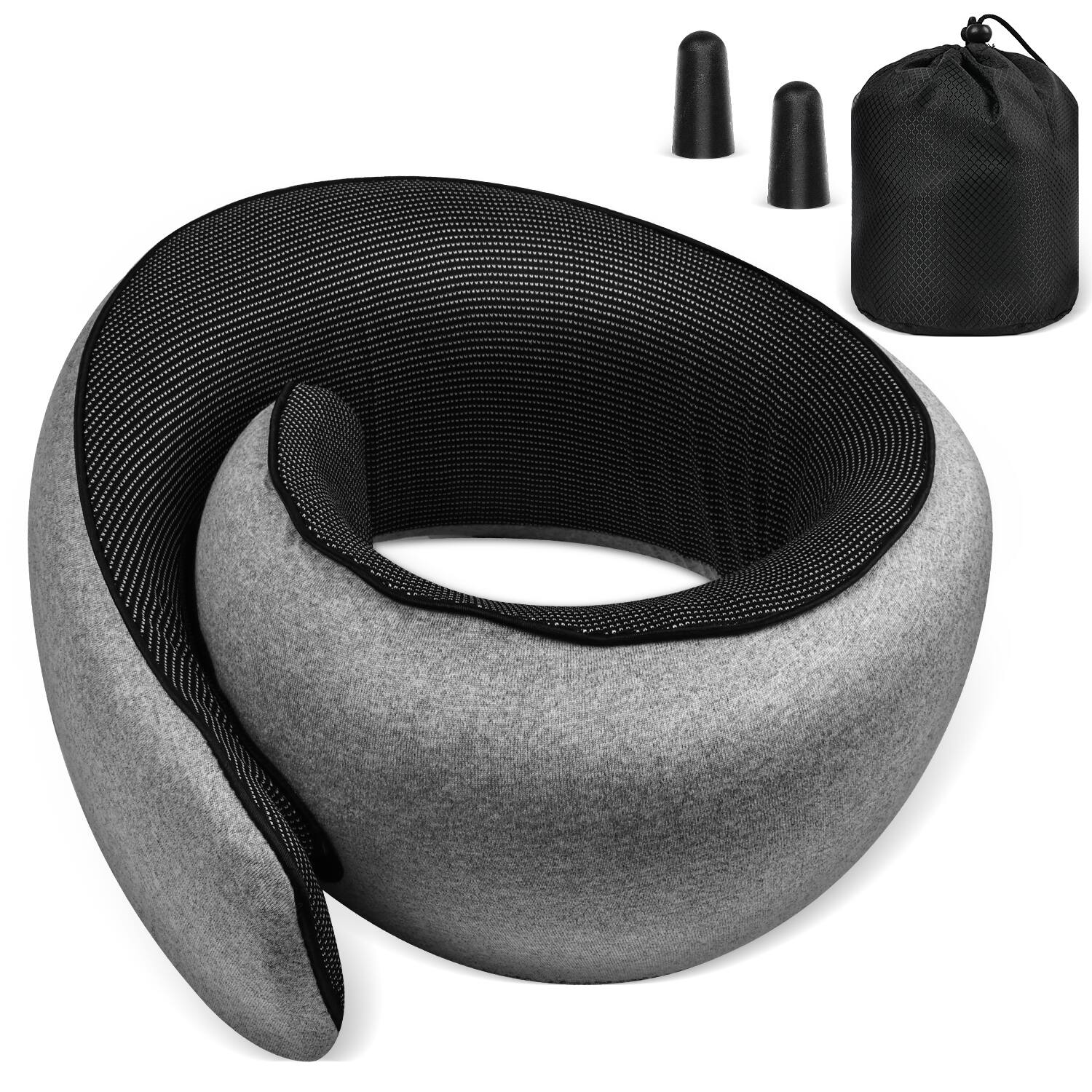 Fosmon - Neck Pillow for Travel Pillow, Memory Foam Travel Neck Pillow, 360° Support Airplane Pillow with Washable Cover - Gray