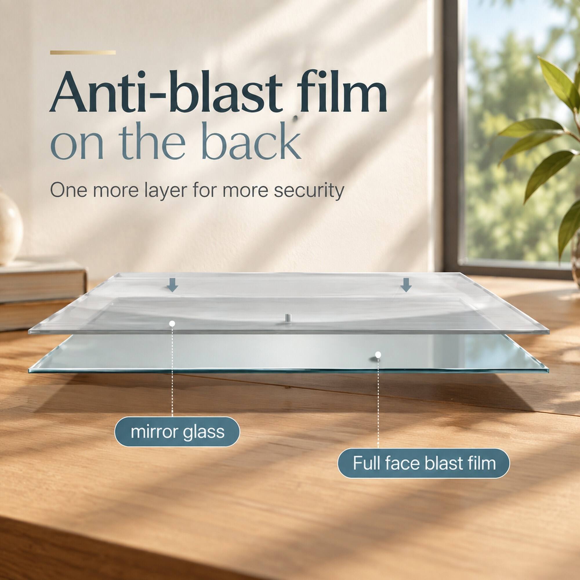 Anti-blast film on the back  
One more layer for more security  

mirror glass  
Full face blast film