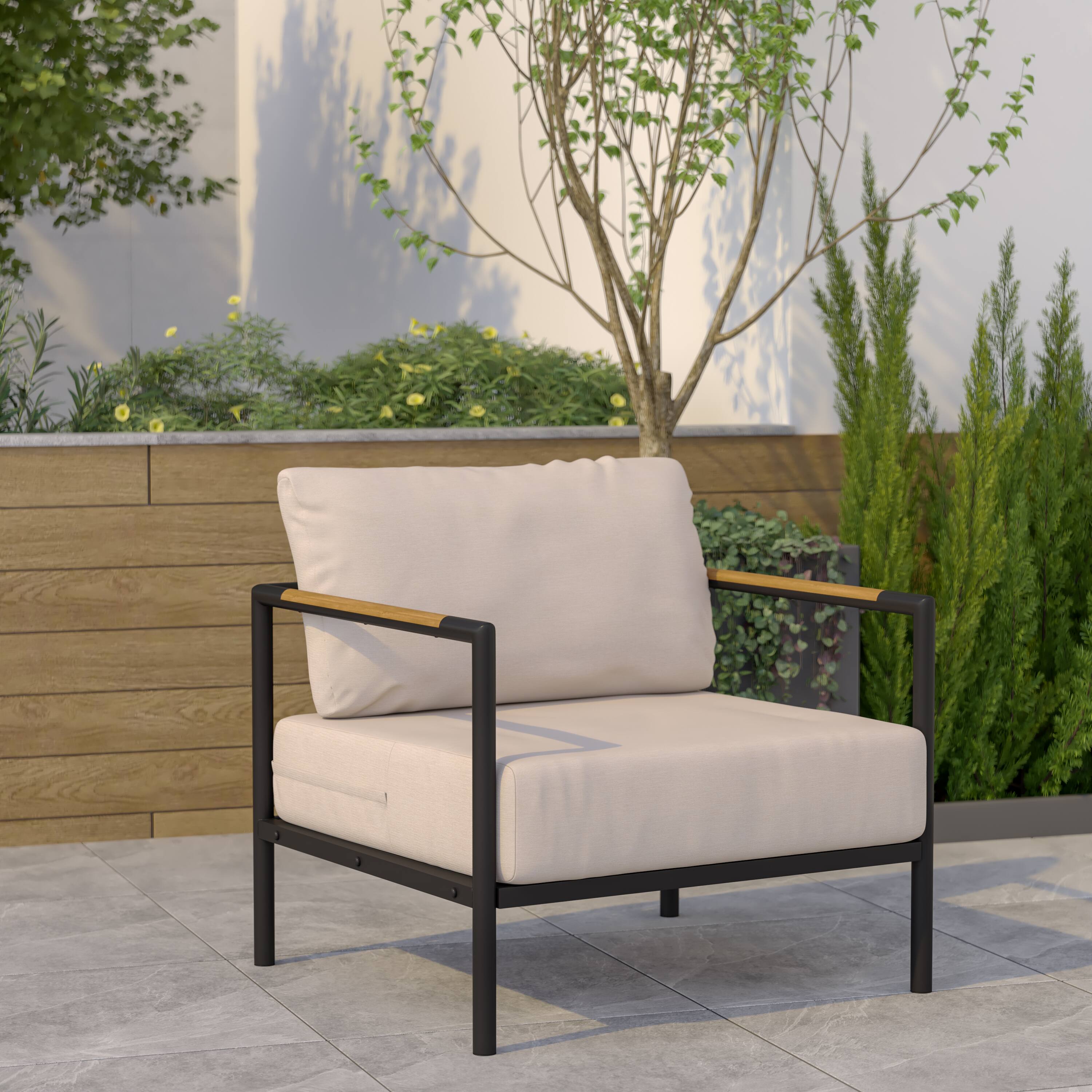 Alt View 1. Emma + Oliver - Aluminum Frame Patio Chair with Teak Arm Accents and Plush Cushions - Beige.