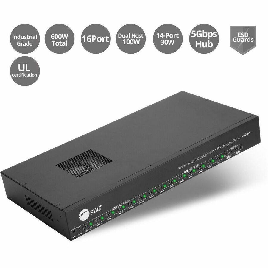 Industrial Grade 600W Total Dual Host 16Port 100W 14-Port 5Gbps 30W Hub ESD Guards UL certification 600W Station PO Charging & Hub 5Gbps USB-C industrial - SIIG
