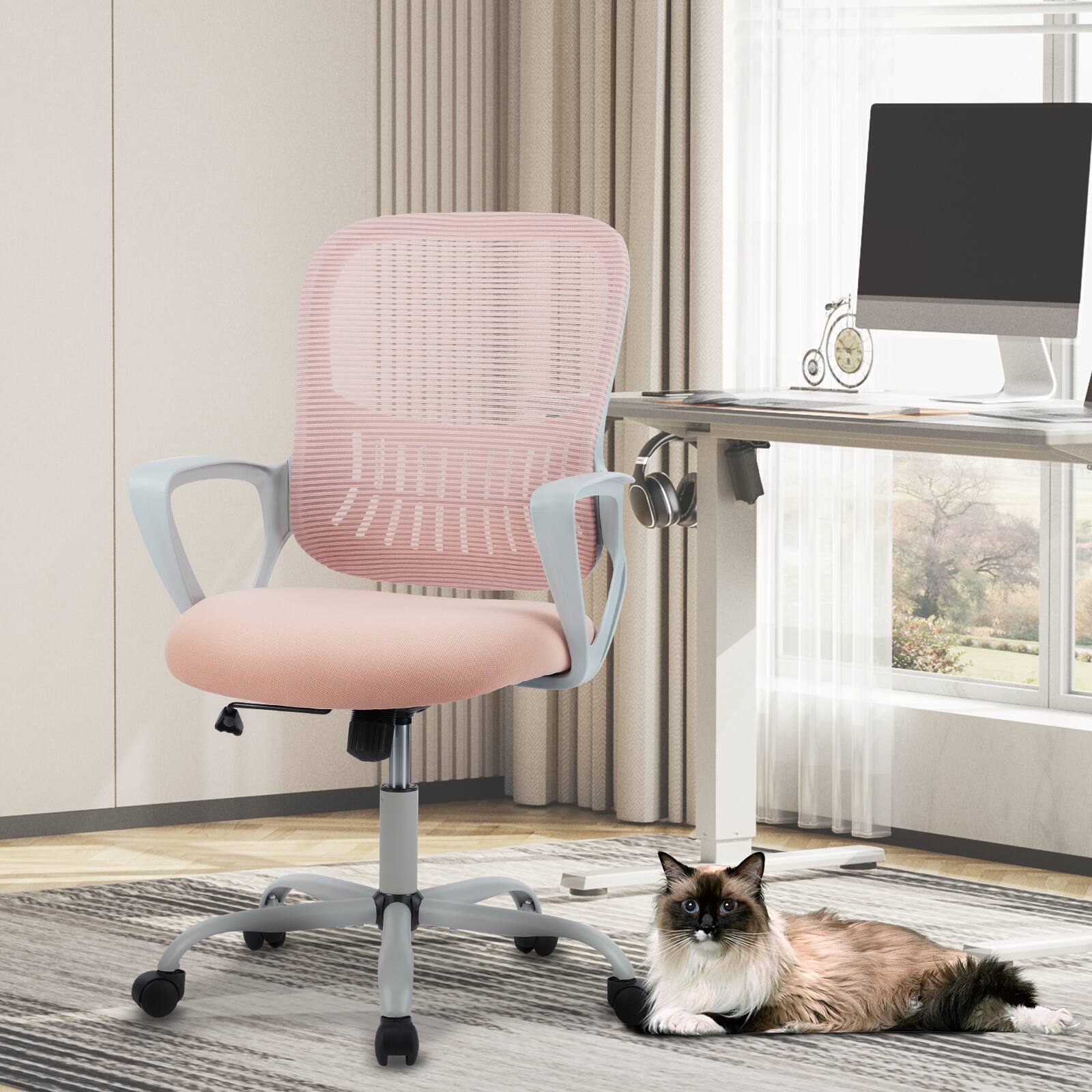 Angle. AENKYO - Office Chair Computer Chair with Lumbar Support and Rocking Mode, Height Adjustable with Fixed Armrest - Pink.