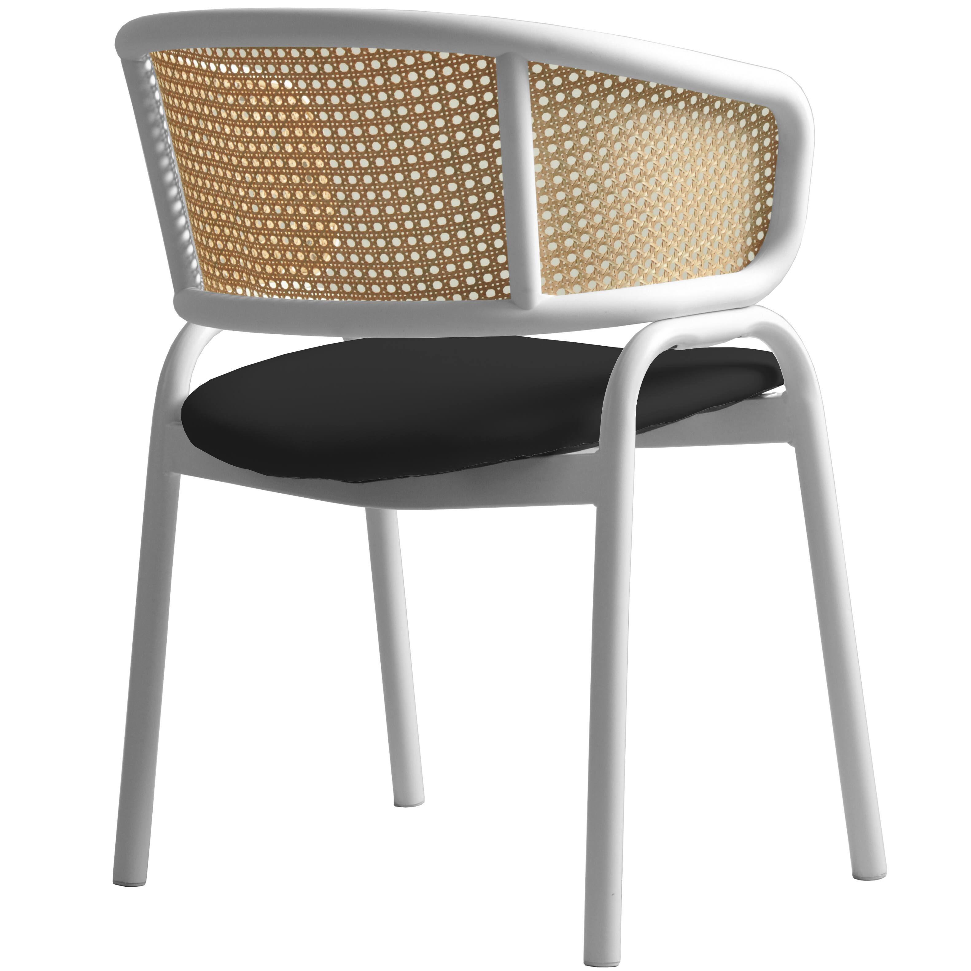 Alt View 7. LeisureMod - Ervilla 4-PCS Modern Rattan and Leather Dining Chair - Mid-Century Kitchen Accent Chair, White Metal Frame - Black.