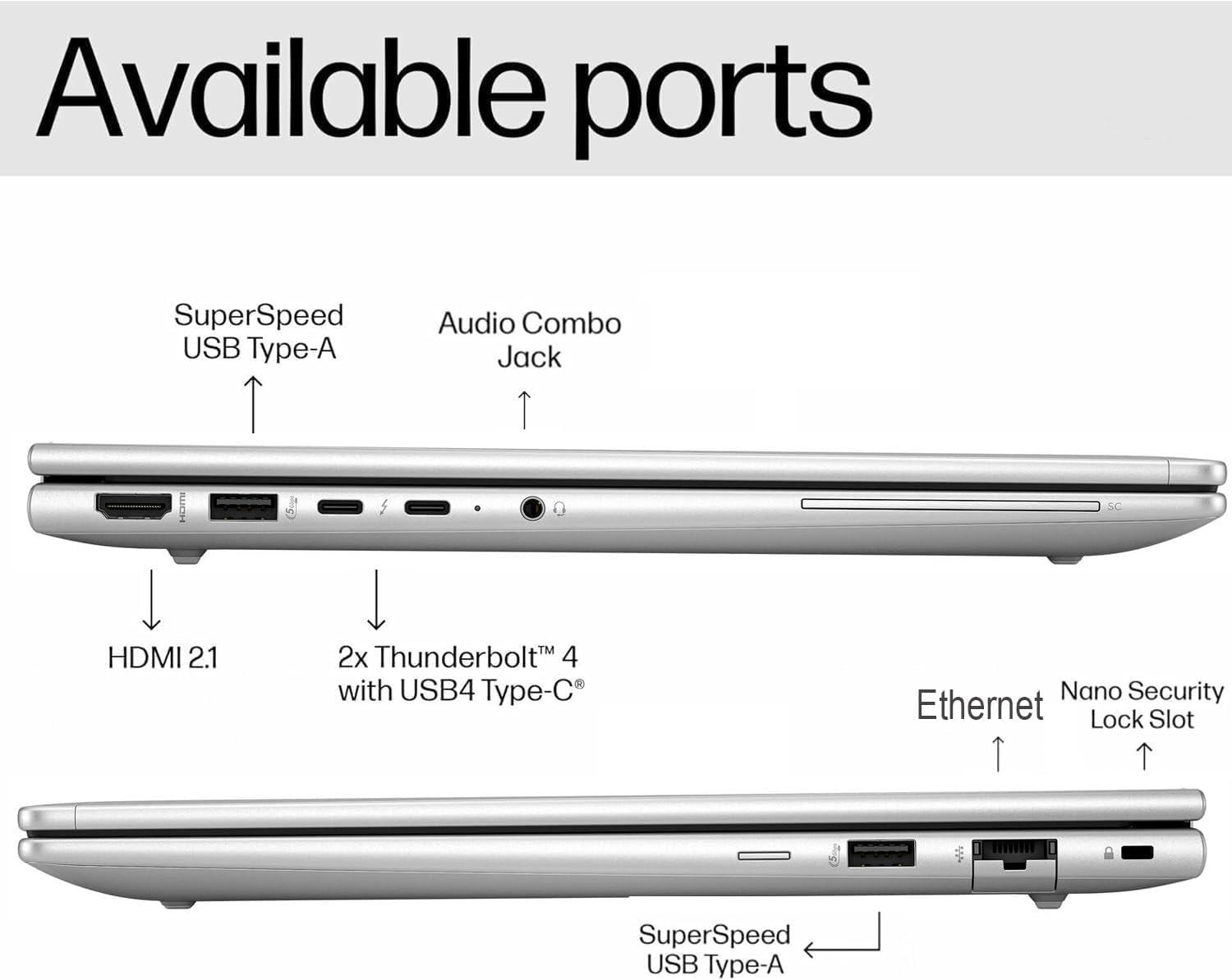 Available ports:

- SuperSpeed USB Type-A
- Audio Combo Jack
- HDMI 2.1
- 2x Thunderbolt™ 4 with USB4 Type-C®
- Ethernet
- Nano Security Lock Slot
- SuperSpeed USB Type-A