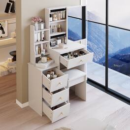 Loheer - Small Space Vanity Table with Extra Large Sliding Mirror and Padded Stool - White