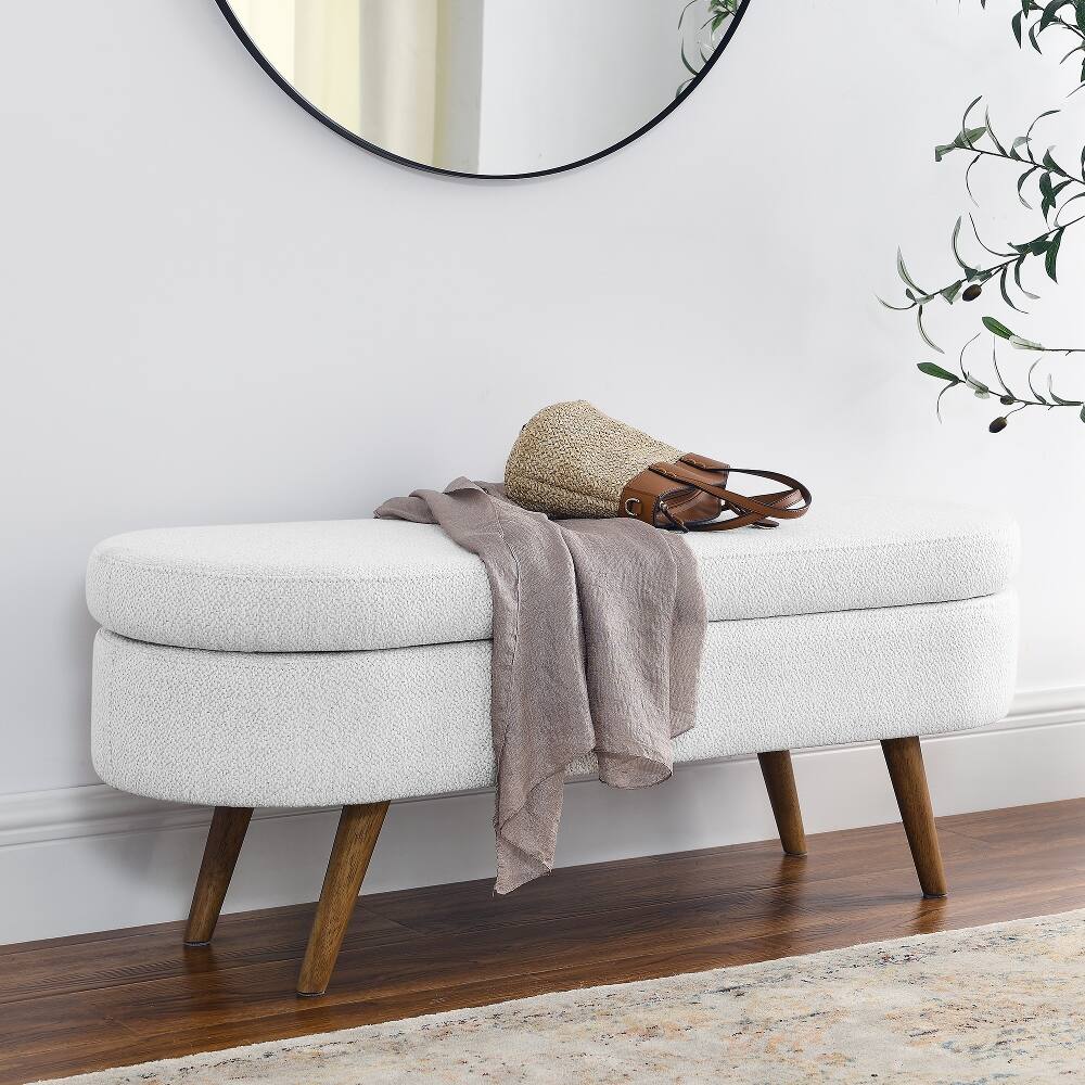 Front. Ropilly - Ropilly White Oval Storage Bench Upholstered Linen Ottoman Seat with Rubber Wood Legs - White.