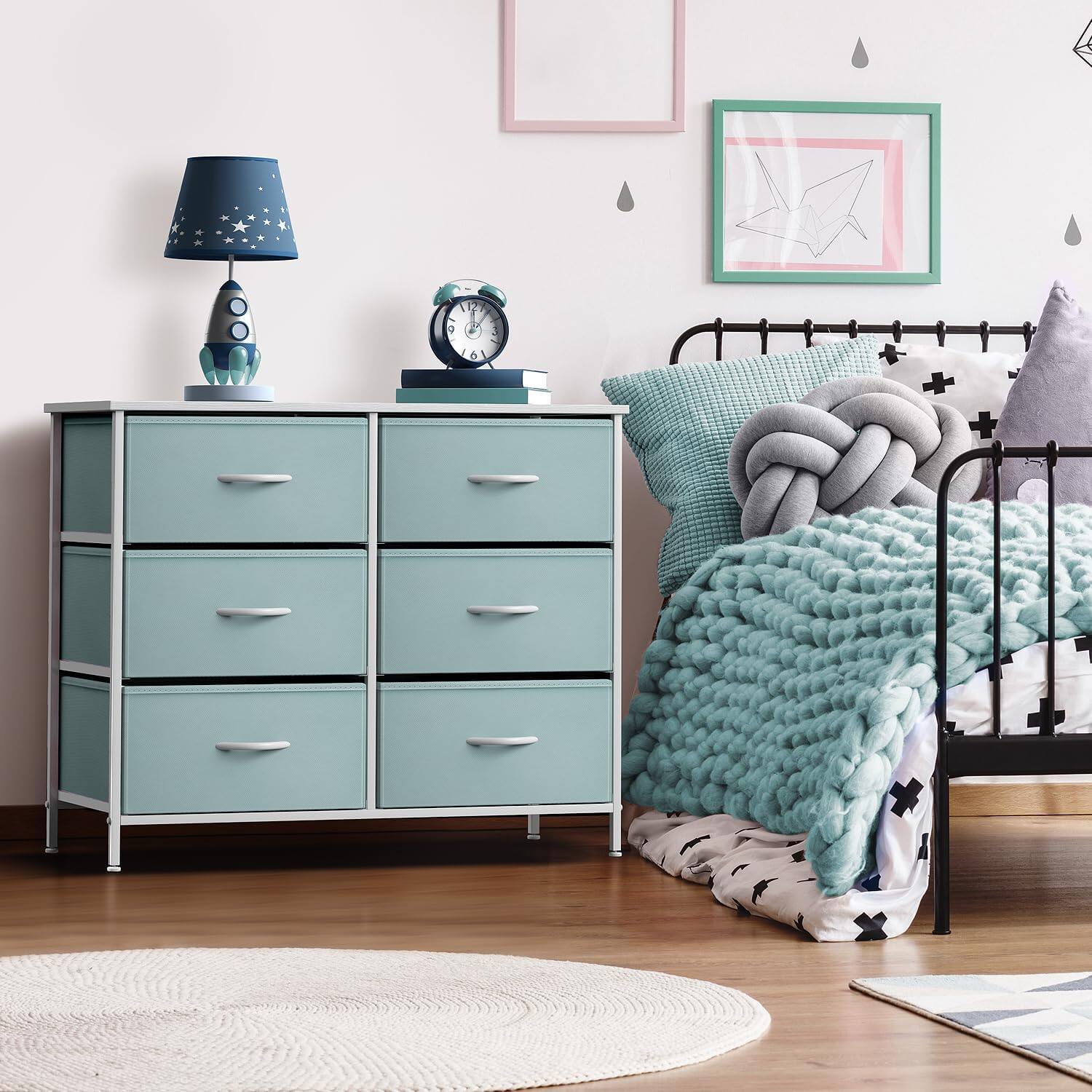 Angle. Sorbus - Sorbus Dresser with 6 Drawers, Furniture Storage Tower Unit for Bedroom, Hallway, Closet Wood Top Fabric Drawers Chest - Aqua.