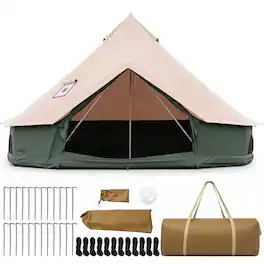 Costway - 13.5 ft Bell Tent with Stove Jack, Mesh Windows & Doors, Accommodates 4-6 Person - Khaki & Green