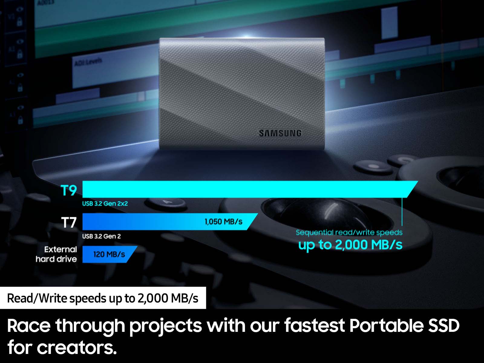 The text on the image reads: "Race through projects with our fastest Portable SSD for creators. Samsung T9 USB 3.2 Gen 2x2 T7 USB 3.2 Gen 2 External 120 MB/s hard drive 1,050 MB/s Sequential read/write speeds up to 2,000 MB/s Read/Write speeds up to 2,000 MB/s."