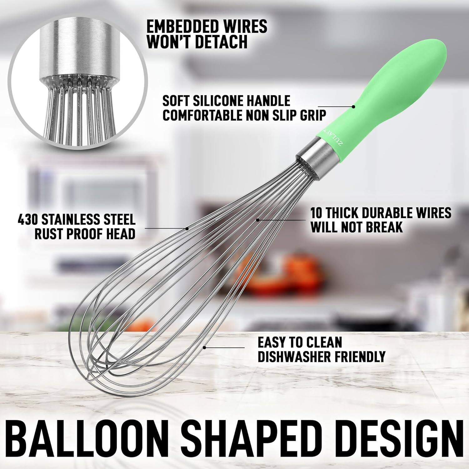 - Embedded wires won't detach
- Soft silicone handle, comfortable non-slip grip
- 430 stainless steel, rust-proof head
- 10 thick durable wires will not break
- Easy to clean, dishwasher friendly
- Balloon shaped design