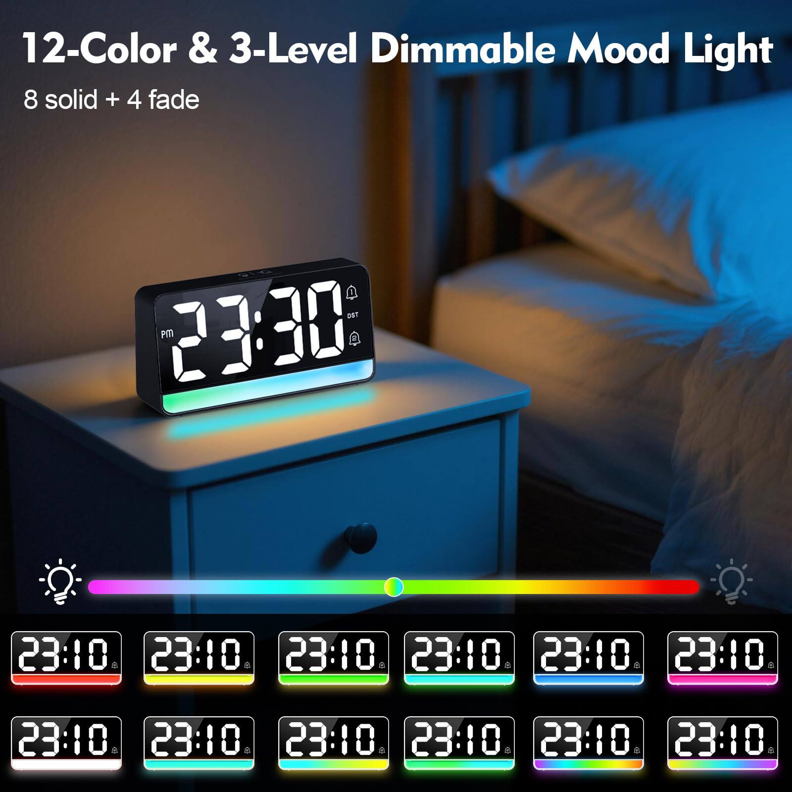 12-Color & 3-Level Dimmable Mood Light  
8 solid + 4 fade  
23:30 PM  
23:10  
23:10  
23:10  
23:10  
23:10  
23:10  
23:10  
23:10  
23:10  
23:10  
23:10  
23:10