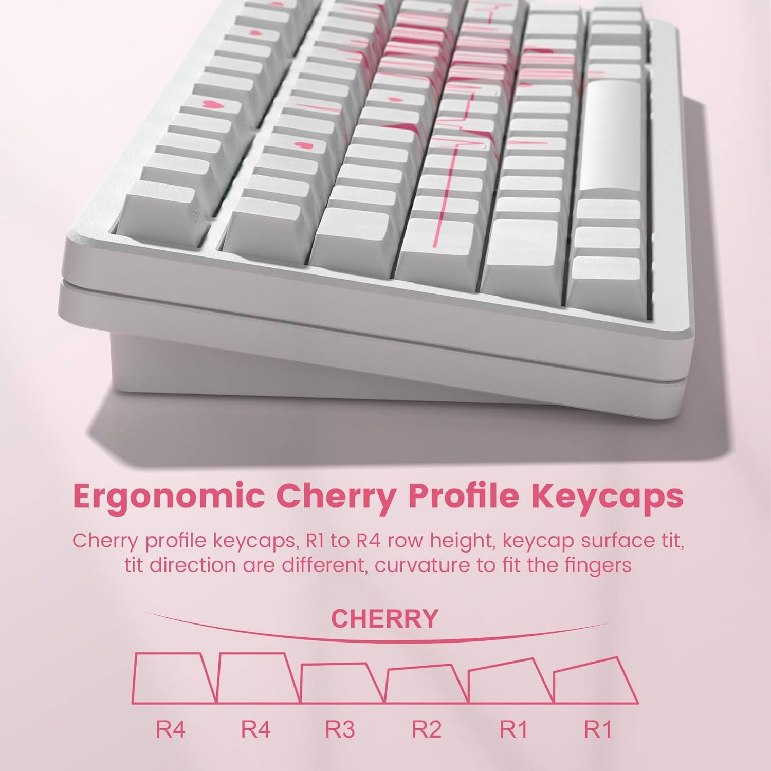 Ergonomic Cherry Profile Keycaps

Cherry profile keycaps, R1 to R4 row height, keycap surface tit, tit direction are different, curvature to fit the fingers

CHERRY

R4 R4 R3 R2 R1 R1