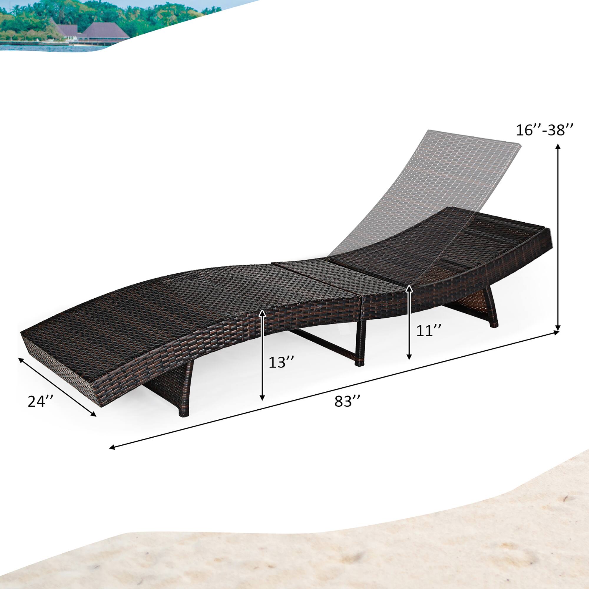 The text on the image reads "16"-38" 11" 13" 24" 83". This information is likely related to the dimensions of the wicker lounge chair. The dimensions are given in inches, with the first number representing the width, the second number representing the height, and the third number representing the depth.