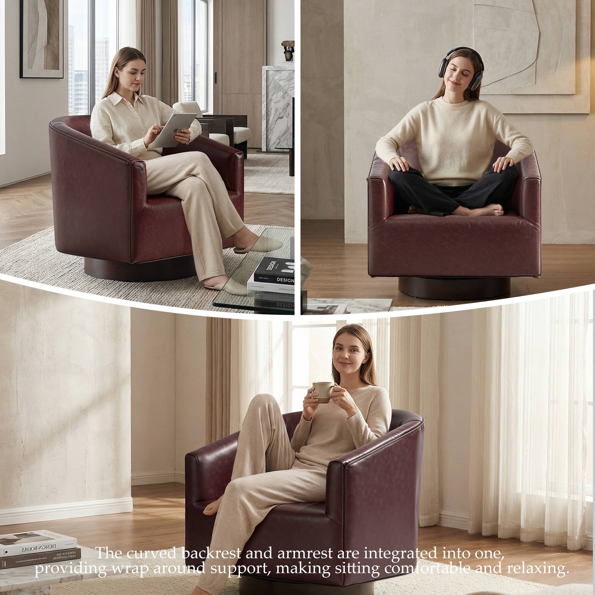 The curved backrest and armrest are integrated into one, providing wrap around support, making sitting comfortable and relaxing.