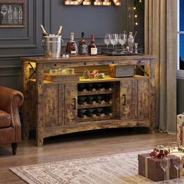 Aheaplus - Wine Cabinet with Charging Station and LED Lights, Liquor Cabinet with Movable Wooden Wine Rack - Brown