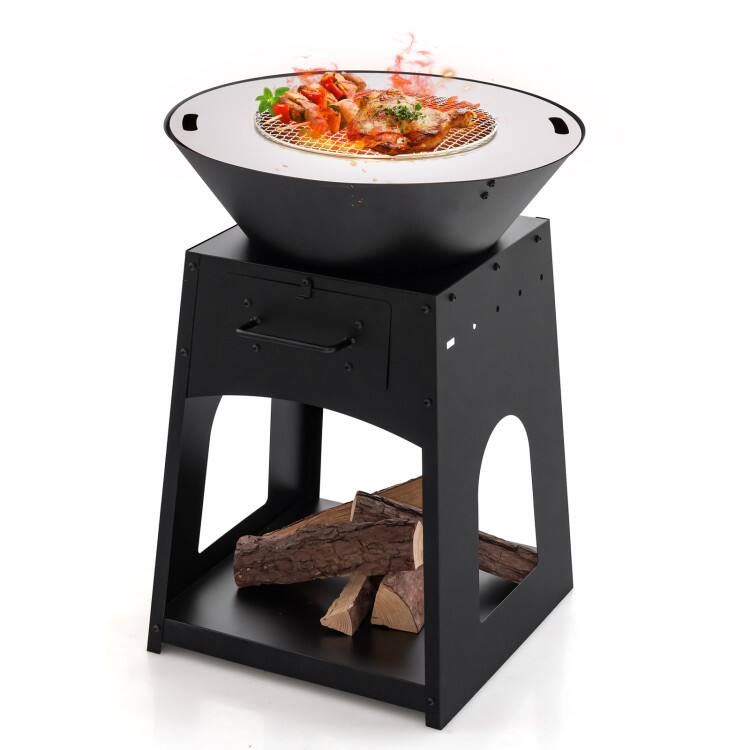 Angle. Mondawe - Patio Fire Pit with Firewood Log Rack with Grill and Ash Box - Black.