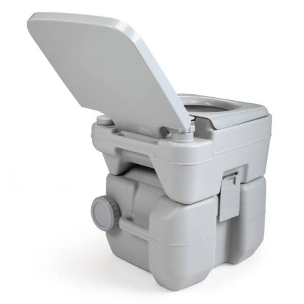 Left. MOOSOO - 5 Gallon Portable Toilet With Detachable Holding Tank, Flush Potty For Travel Camping - Gray.