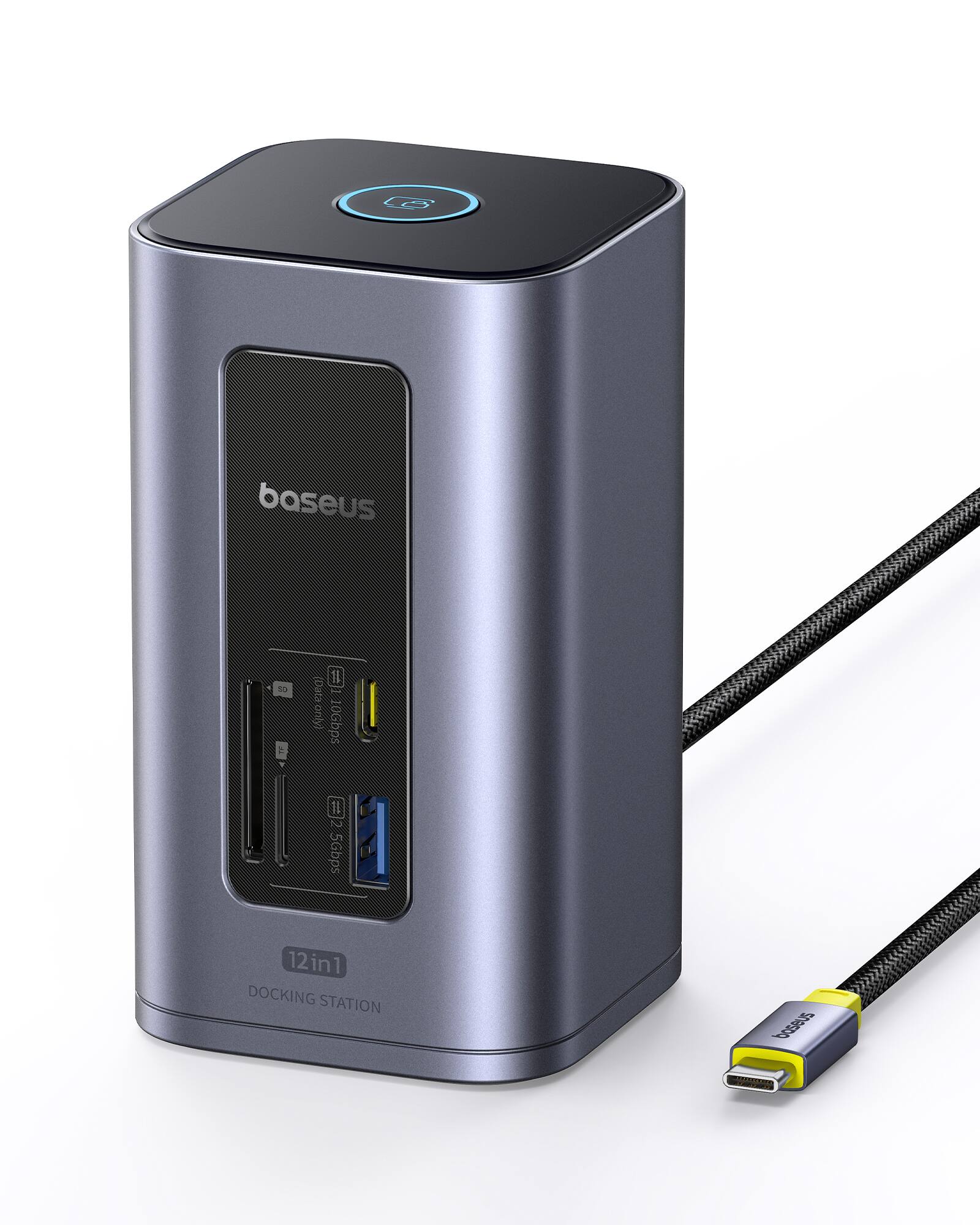 Baseus 12in1 Docking Station  
- 3 USB Ports (1 Data Only, 10Gbps)  
- 2 USB Ports (5Gbps)  
- HDMI Port  
- VGA Port  
- Ethernet Port