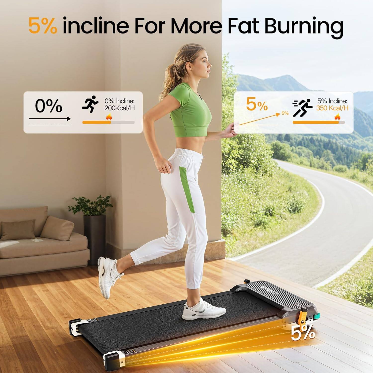 5% incline For More Fat Burning

0% Incline: 200 Kcal/H

5% Incline: 350 Kcal/H