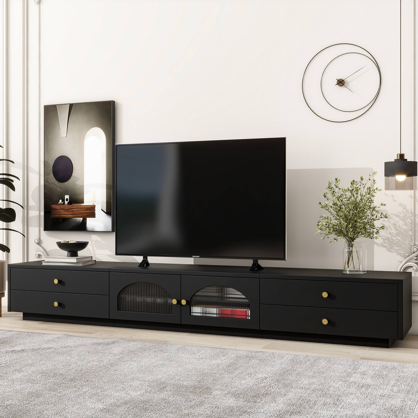 Alt View 1. Ecooso - Luxurious TV Stand with Fluted Glass Doors,TVs Up to 95'', Tempered Glass Shelf TV Cabinet with Multiple Storage Options - Black.