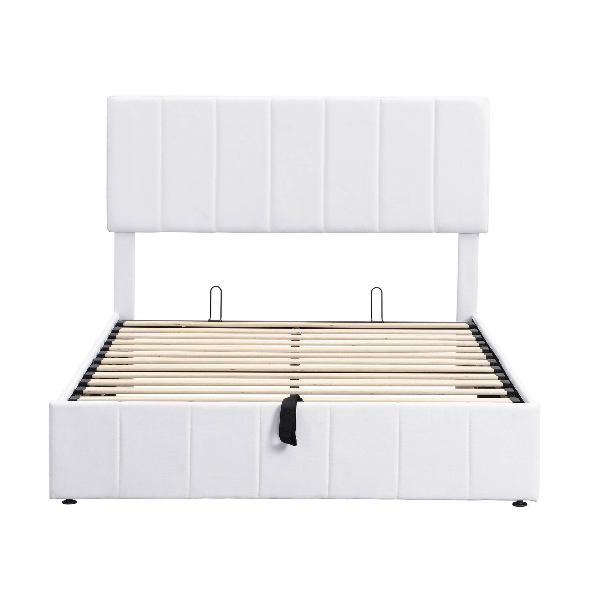 Back. GOODSILO - Full Size Upholstered Platform Bed with Hydraulic Storage System and Wooden Slat Support - White.