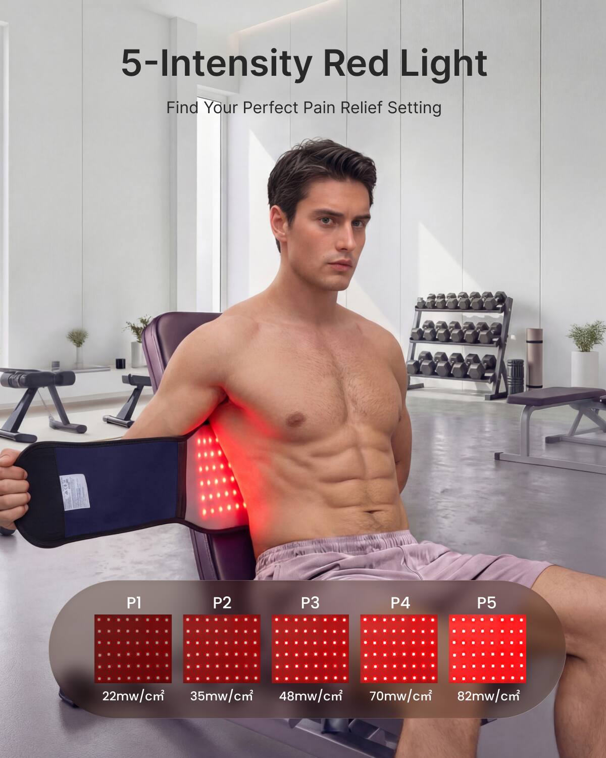 5-Intensity Red Light  
Find Your Perfect Pain Relief Setting

P1  
P2  
P3  
P4  
P5  

22mw/cm²  
35mw/cm²  
48mw/cm²  
70mw/cm²  
82mw/cm²