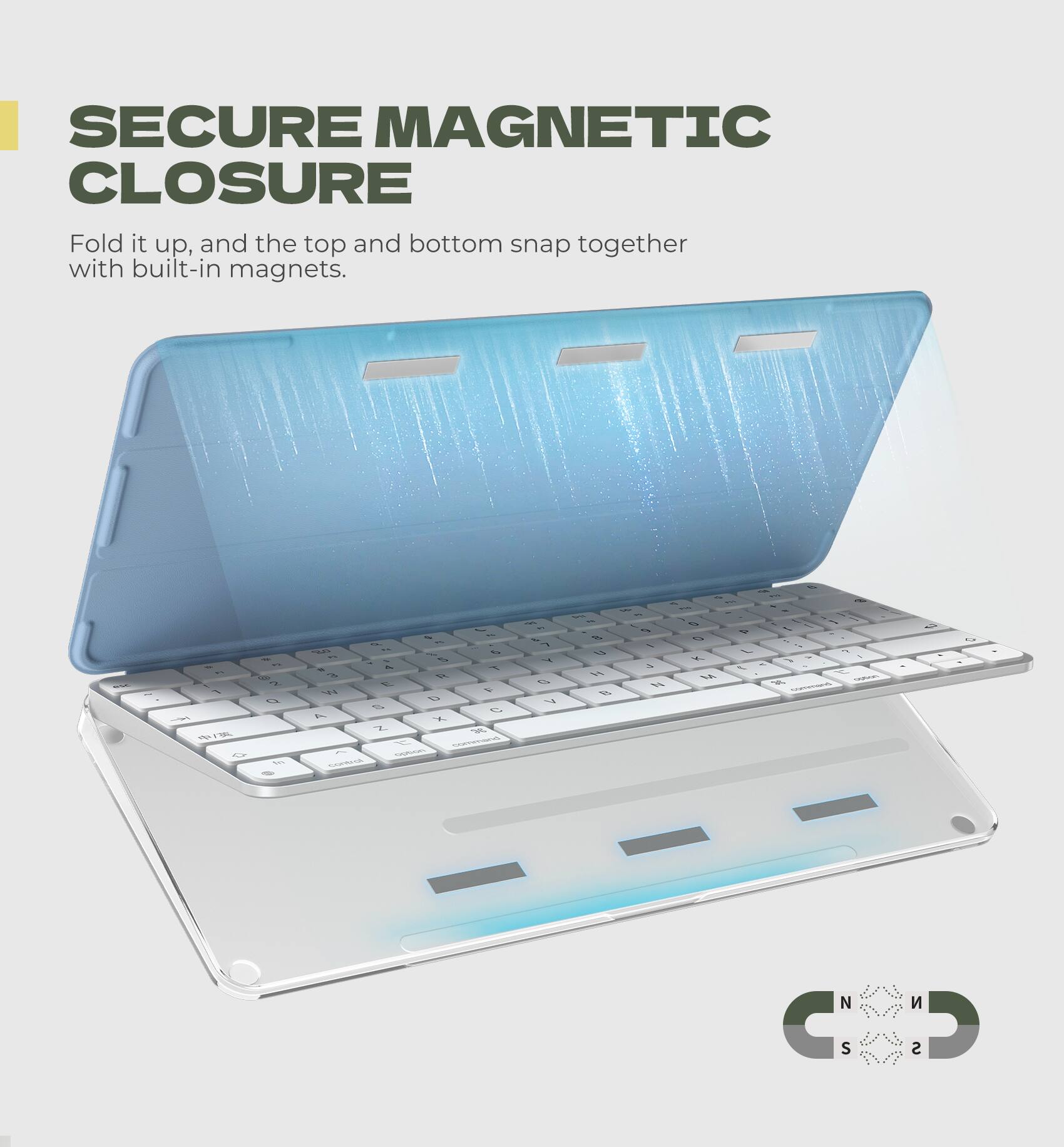 SECURE MAGNETIC CLOSURE  
Fold it up, and the top and bottom snap together with built-in magnets.