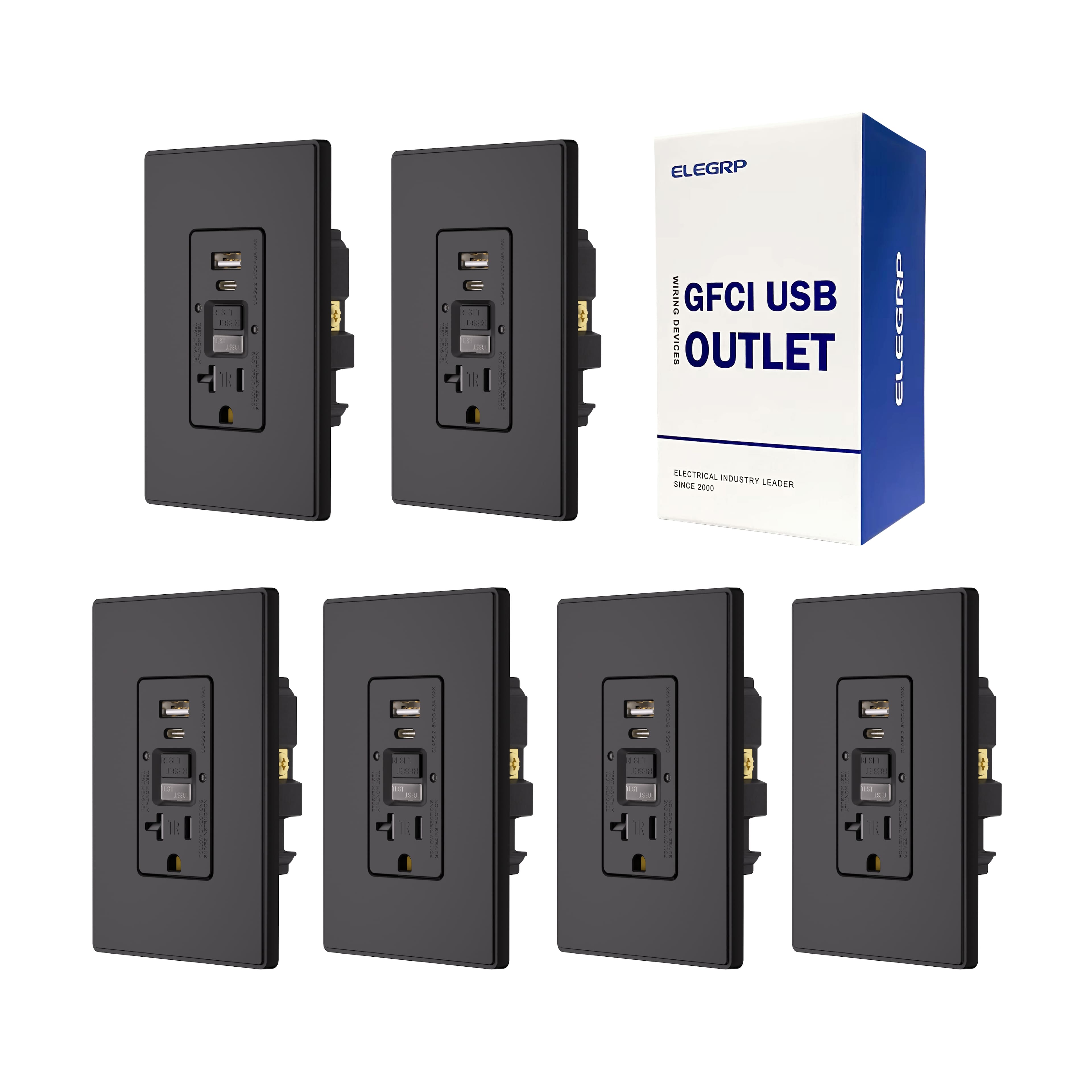 ELEGRP - 20A GFCI Outlet & 24W USB Receptacle(A+C Ports)w/Night Light and Wall Plate, TR, UL & CUL Listed, 6 pack - Black