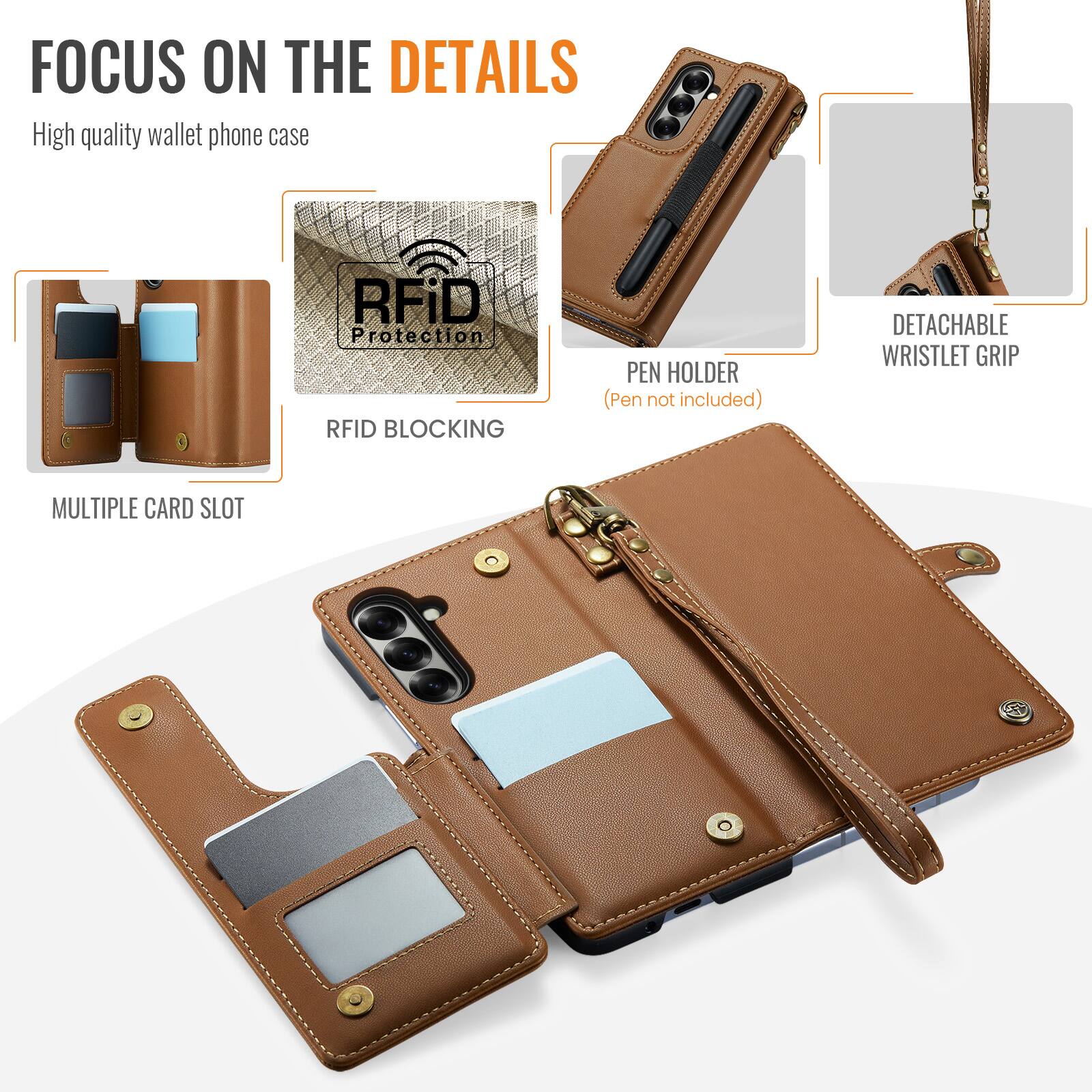 FOCUS ON THE DETAILS

High quality wallet phone case

RFID Protection RFID BLOCKING

PEN HOLDER (Pen not included)

DETACHABLE WRISTLET GRIP

MULTIPLE CARD SLOT
