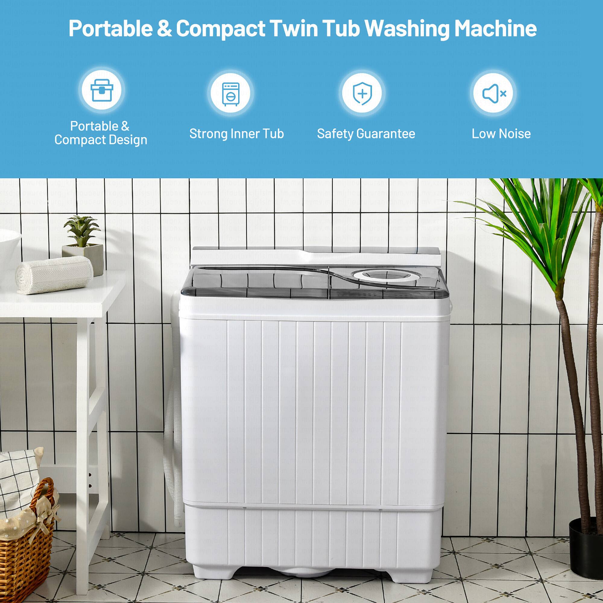 Portable & Compact Twin Tub Washing Machine + Portable & Compact Design + Strong Inner Tub + Safety Guarantee + Low Noise