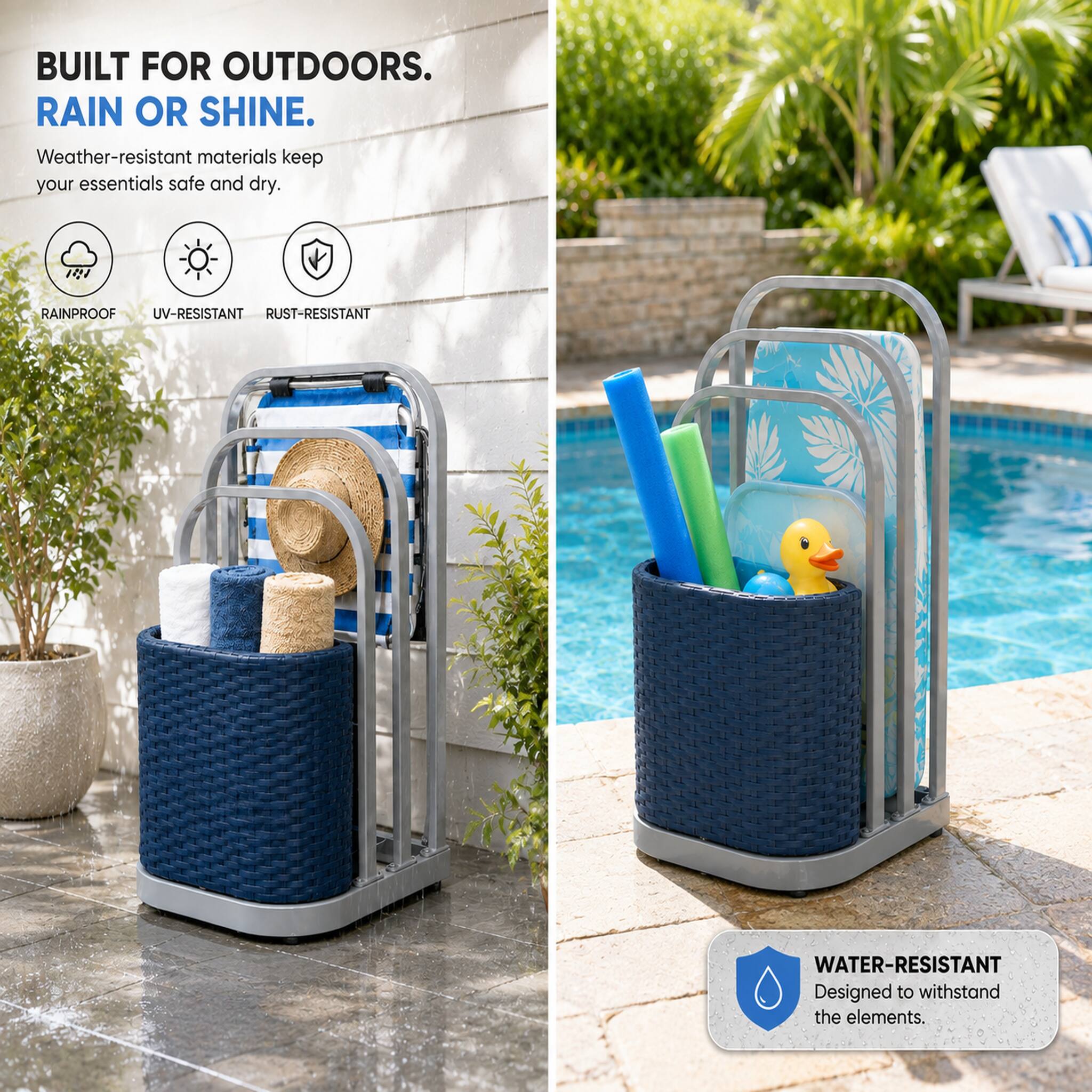 BUILT FOR OUTDOORS. RAIN OR SHINE.  
Weather-resistant materials keep your essentials safe and dry.  

RAINPROOF  
UV-RESISTANT  
RUST-RESISTANT  

WATER-RESISTANT  
Designed to withstand the elements.