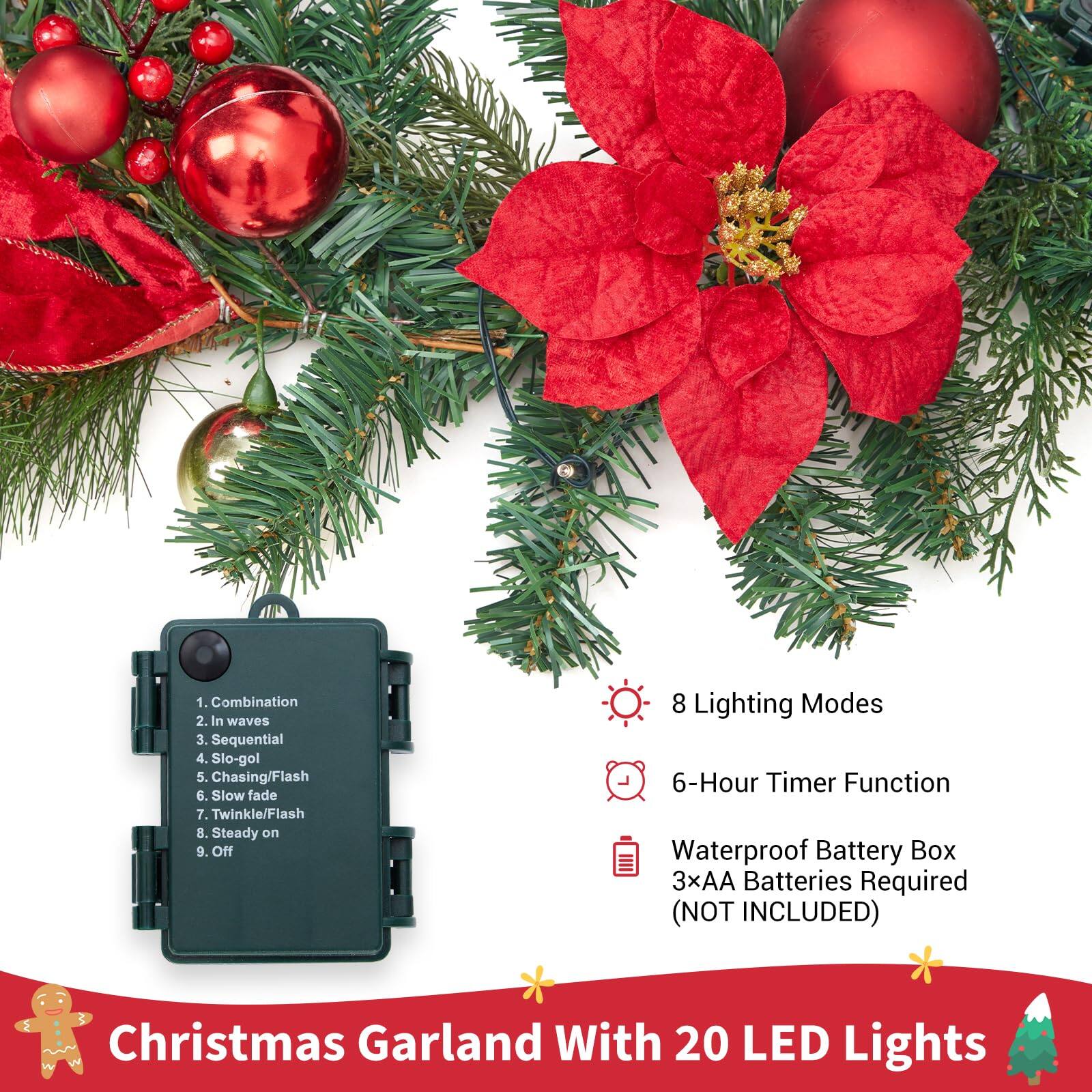 1. Combination  
2. In waves  
3. Sequential  
4. Slo-gol  
5. Chasing/Flash  
6. Slow fade  
7. Twinkle/Flash  
8. Steady on  
9. Off  

8 Lighting Modes  
6-Hour Timer Function  
Waterproof Battery Box  
3xAA Batteries Required (NOT INCLUDED)  

Christmas Garland With 20 LED Lights