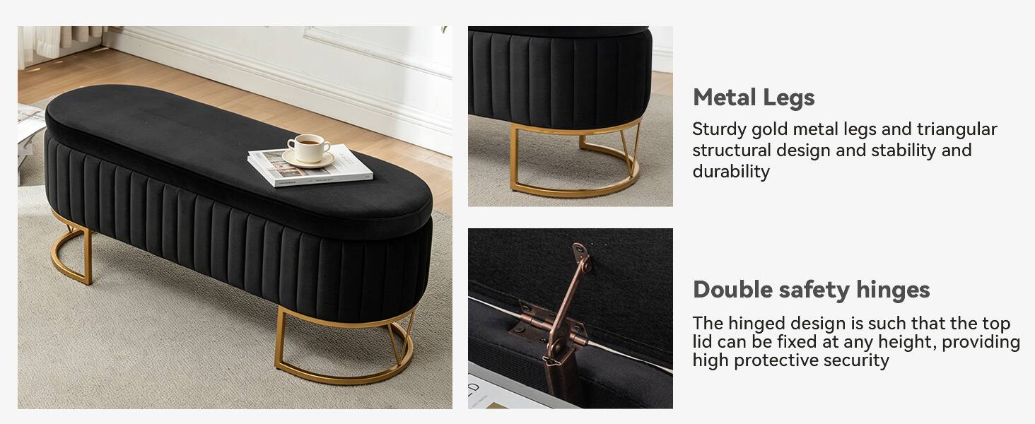 Metal Legs  
Sturdy gold metal legs and triangular structural design and stability and durability

Double safety hinges  
The hinged design is such that the top lid can be fixed at any height, providing high protective security