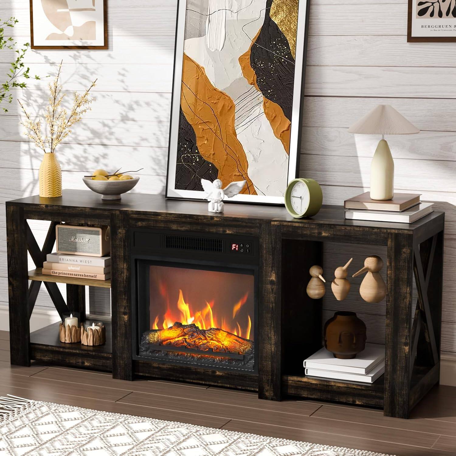 Alt View 1. Winado - Fireplace TV Stand Cabinet for up to 70" TVs, Farmhouse Entertainment Center with 23" Remoted Electric Fireplace Heater - Dark grey oak color.