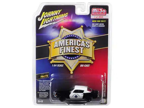 JOHNNY LIGHTNING
AMERICA'S FINEST
MiJo Exclusives
1 of 3600
NEW FOR 2017!
DIE-CAST METAL BODY & CHASSIS
1:64 SCALE
DIE-CAST
FACTS
- Many 1970 Camaros were 1969 models in disguise. An issue stamping cut the steel metal pieces that make up the body delayed production for four months.
- Johnny Lightning makes its debut in America's Finest series in 2017.
6+
1970 Chevrolet Camaro Z28