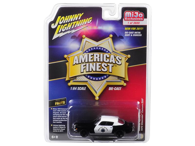 JOHNNY LIGHTNING  
AMERICA'S FINEST  

MiJo Exclusives  
1 of 3600  
NEW FOR 2017!  
DIE-CAST METAL BODY & CHASSIS  

1:64 SCALE  
DIE-CAST  

FACTS  
- Many 1970 Camaros were 1969 models in disguise. An issue stamping cut the steel metal pieces that make up the body delayed production for four months.  
- Johnny Lightning makes its debut in America's Finest series in 2017.  

6+  

1970 Chevrolet Camaro Z28