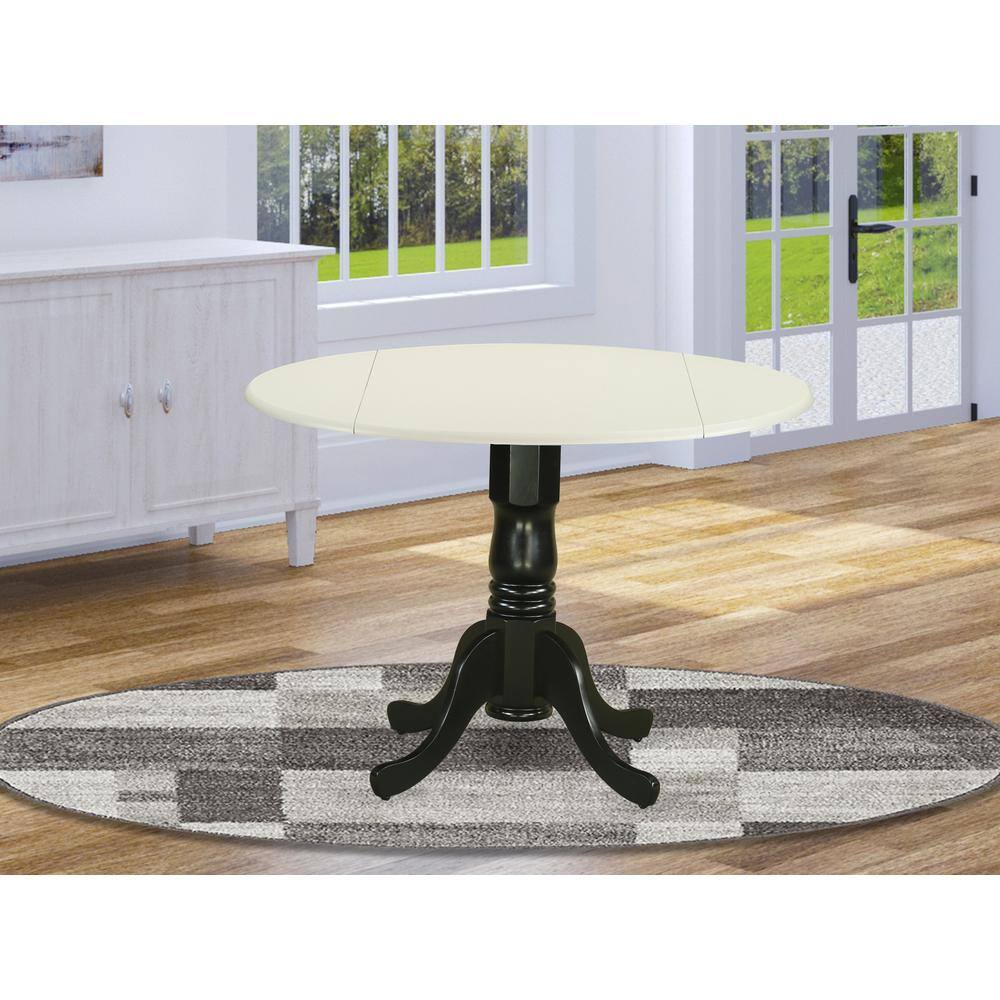 Angle. East West Furniture - East West Furniture DLT-LBK-TP Dublin Kitchen Table, a Round Dining Table with Dropleaf & Pedestal Base - White/Black.