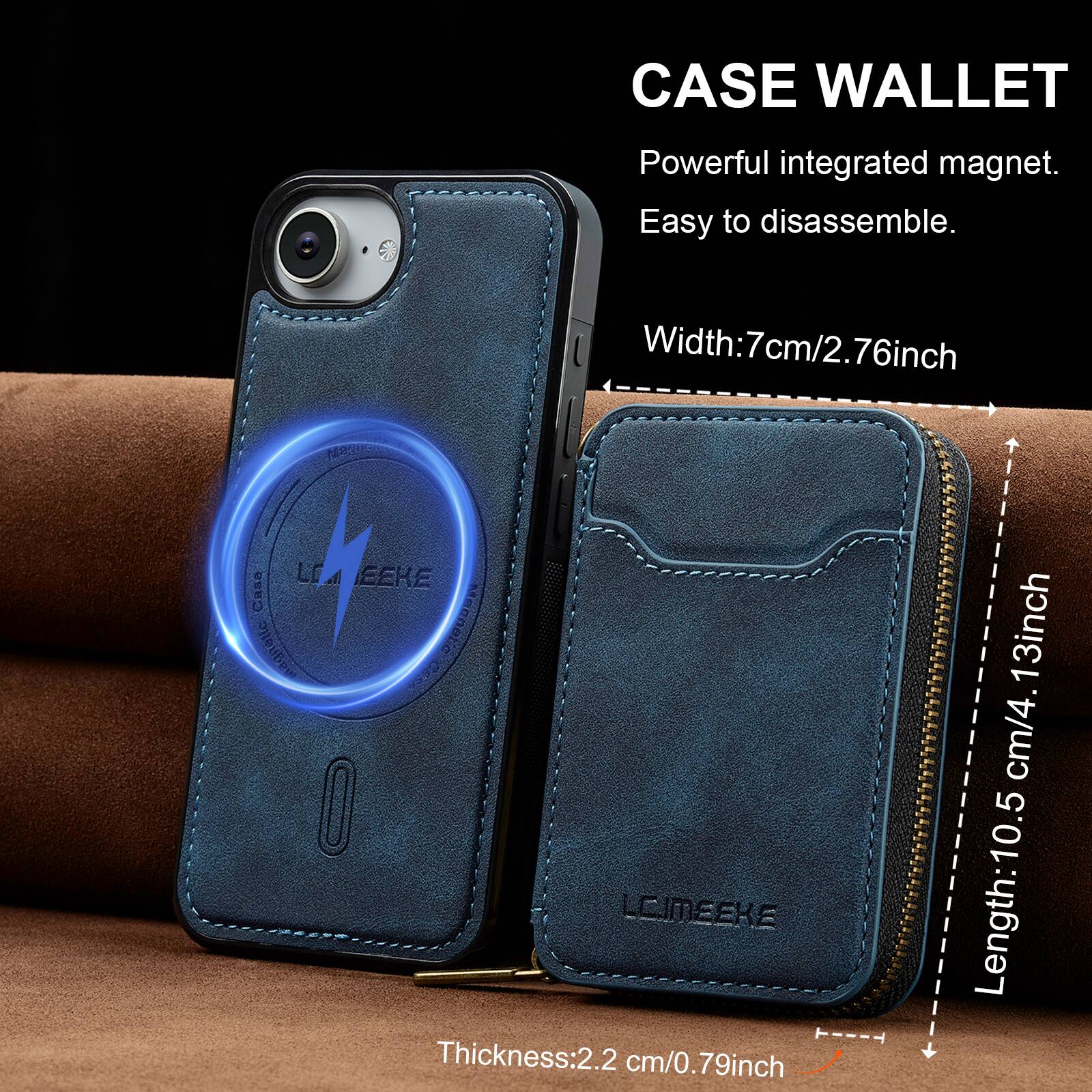 CASE WALLET  
Powerful integrated magnet.  
Easy to disassemble.  

Width: 7 cm / 2.76 inch  
Thickness: 2.2 cm / 0.79 inch  
Length: 10.5 cm / 4.13 inch