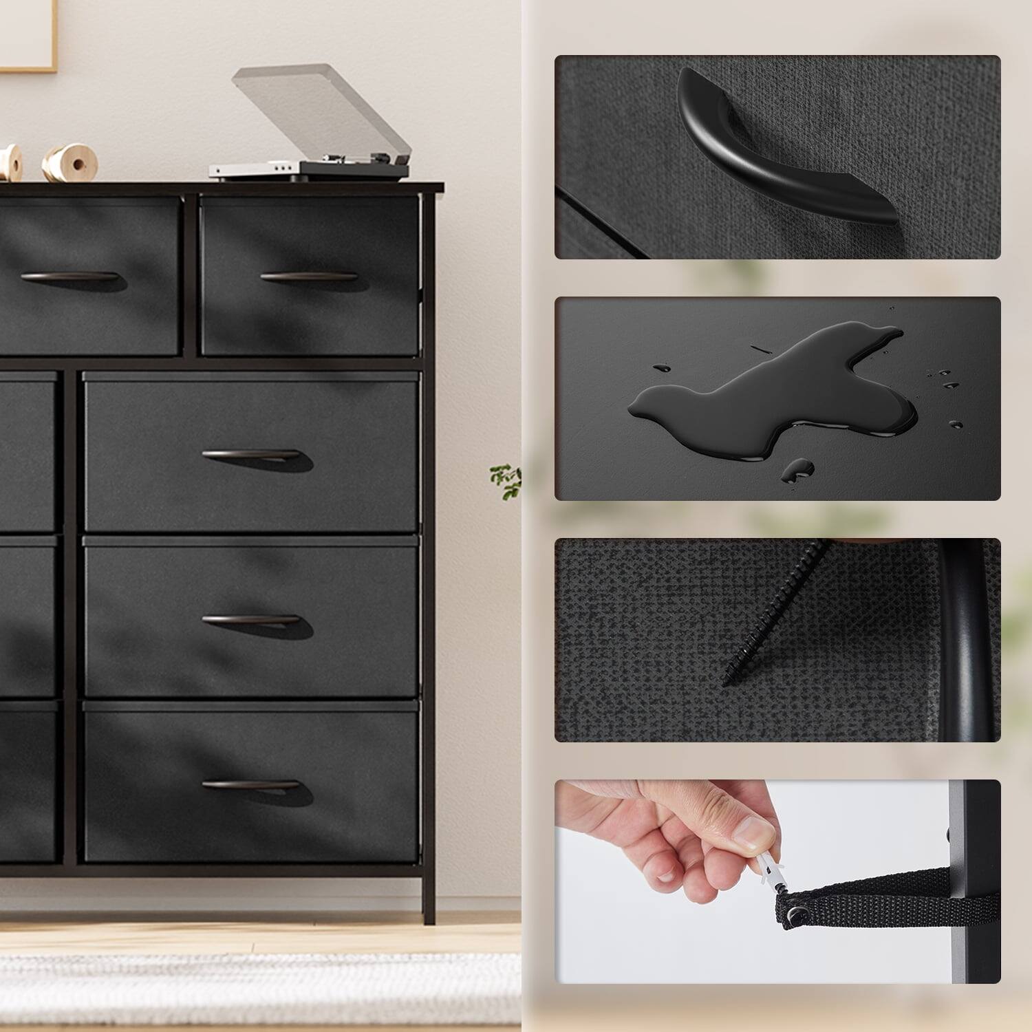 Left. AOITUN - 9 Drawer Dresser, Wide Chest Of Drawers Nightstand Storage Tower Storage Dresser Fabric Dresser With Wood Top - black.