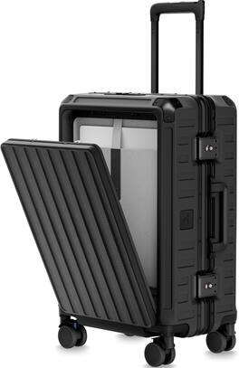 LUGGEX - 21 Inch Zipperless Carry On Luggage, Aluminum Polycarbonate Hard Shell Front Opening Suitcase - SF81 - Black