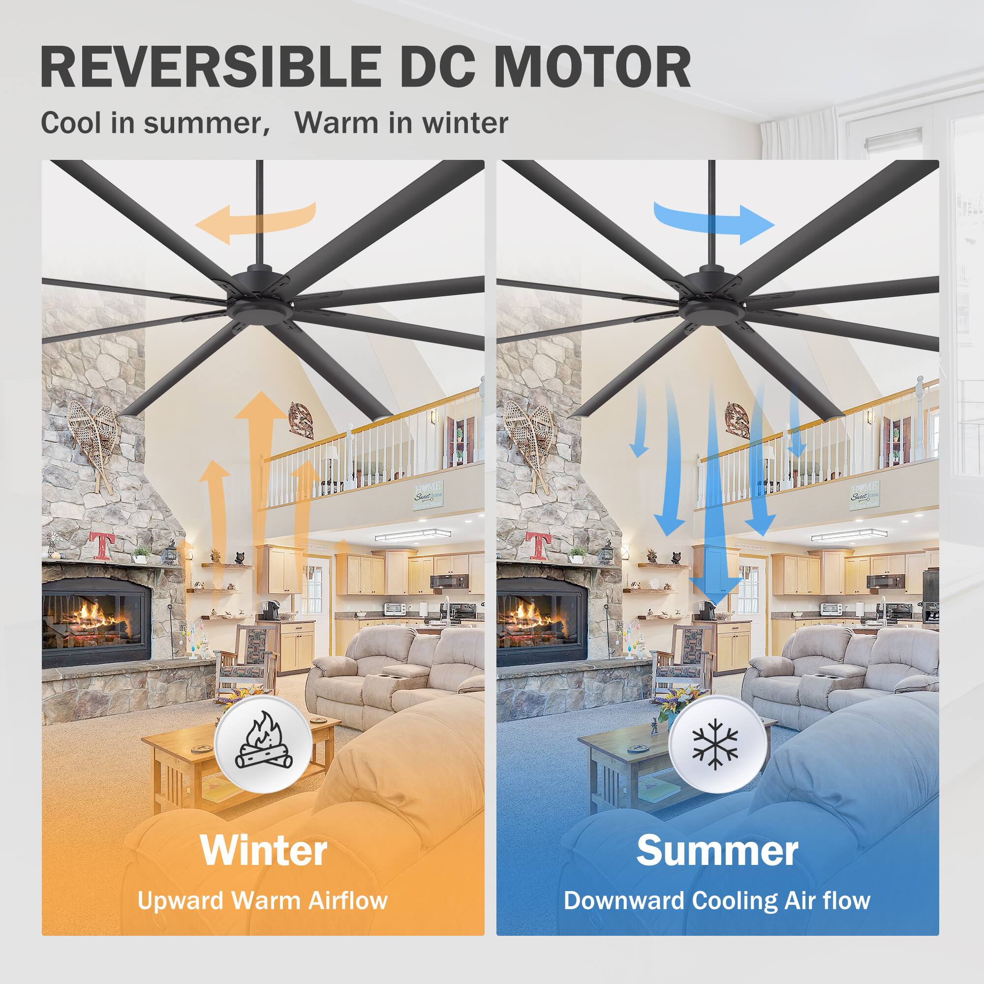 REVERSIBLE DC MOTOR  
Cool in summer, Warm in winter  

Winter  
Upward Warm Airflow  

Summer  
Downward Cooling Airflow