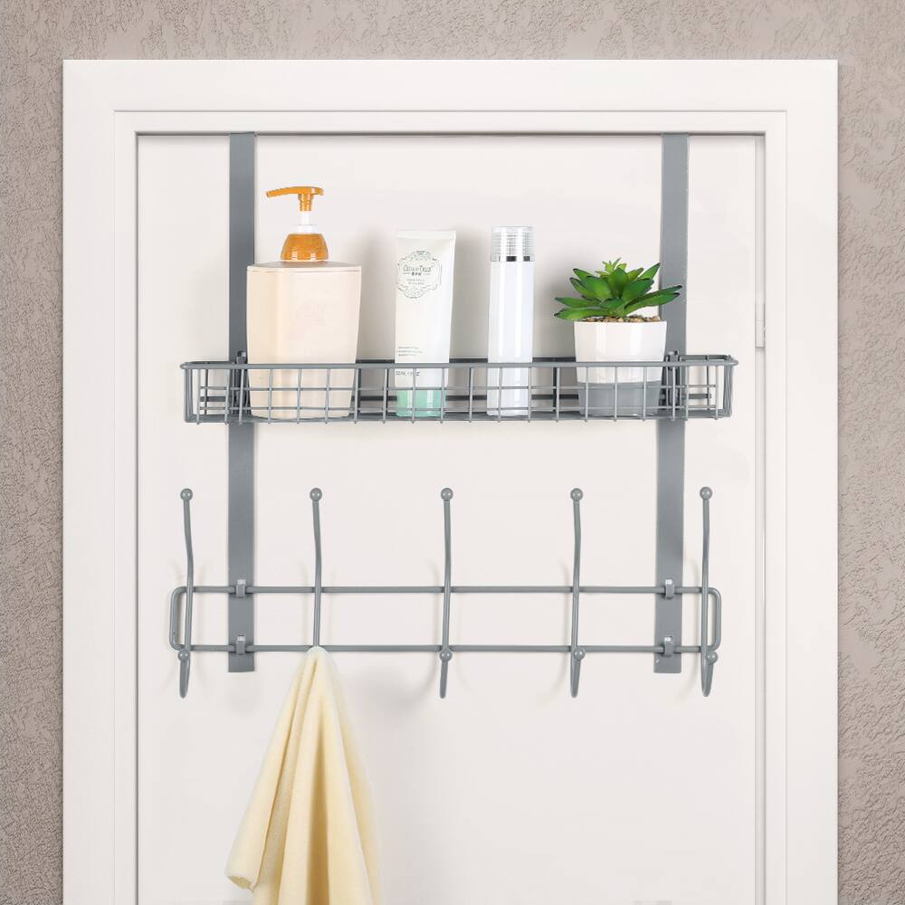 Alt View 3. Oumilen - Over The Door Organizer with Single Wire Basket & 5 Hooks, Silver Metal Hanging Storage Rack for Bathroom Bedroom Closet - Silver.