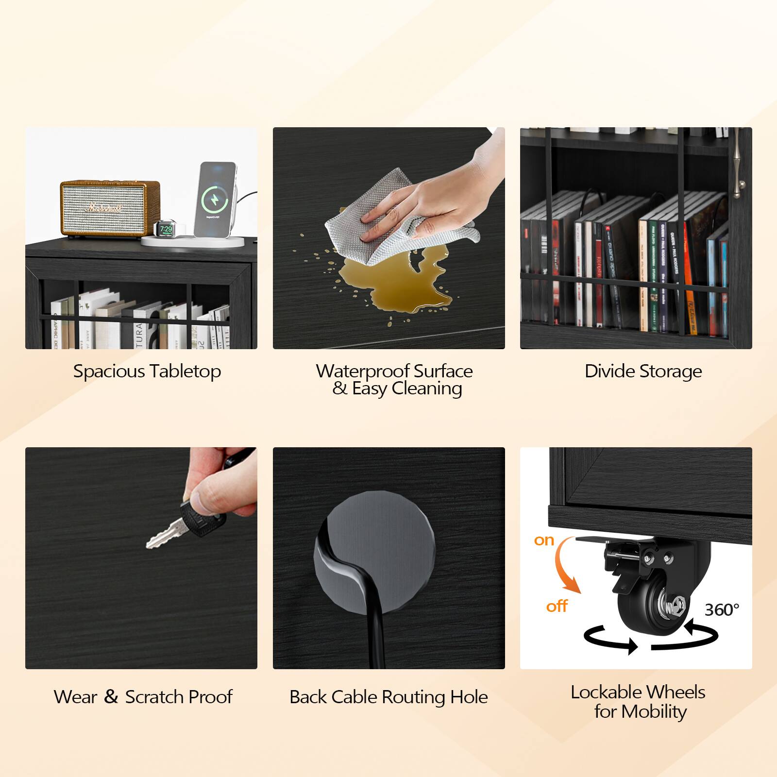 - Spacious Tabletop
- Waterproof Surface & Easy Cleaning
- Divide Storage
- Wear & Scratch Proof
- Back Cable Routing Hole
- Lockable Wheels for Mobility