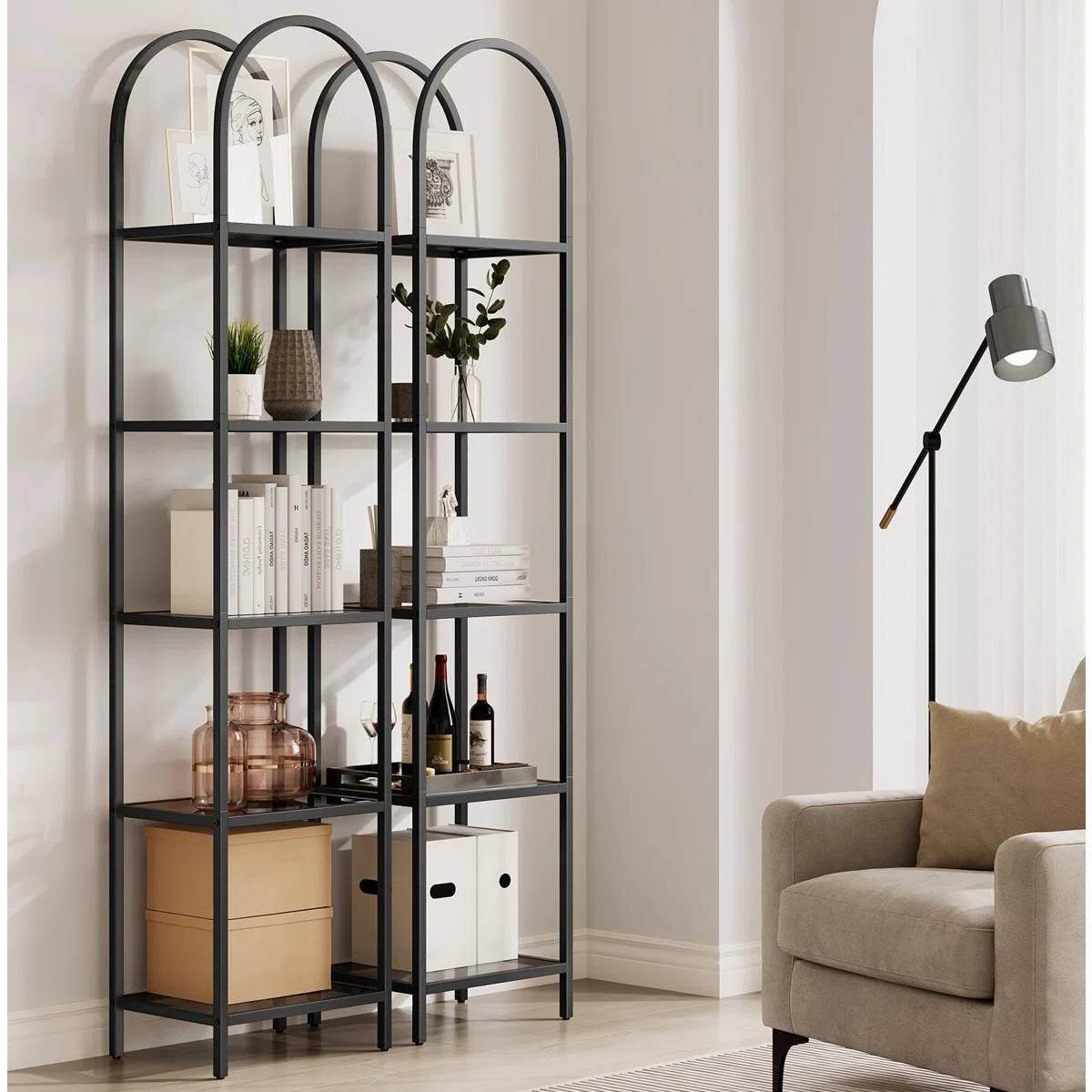 Left. SlickBlue - Arched Top Metal Display Rack Bookcase with 5 Glass Storage Shelves - Black.